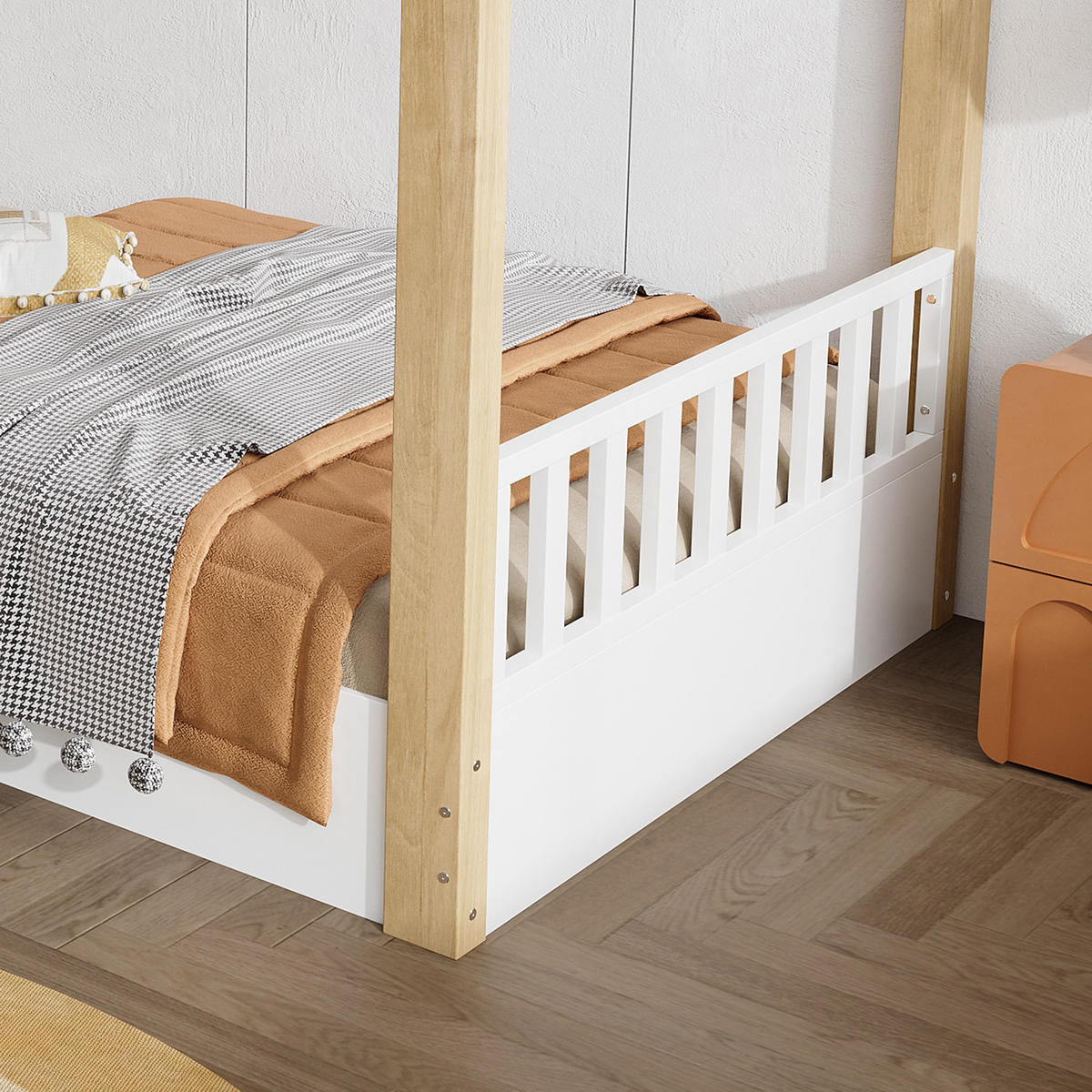 HAUSBETT 90/190 mit Hausdesign und Lattenrost in Weiß + Natur - Weiß/Naturfarben, Holzwerkstoff (90/190cm) - EVRYAE
