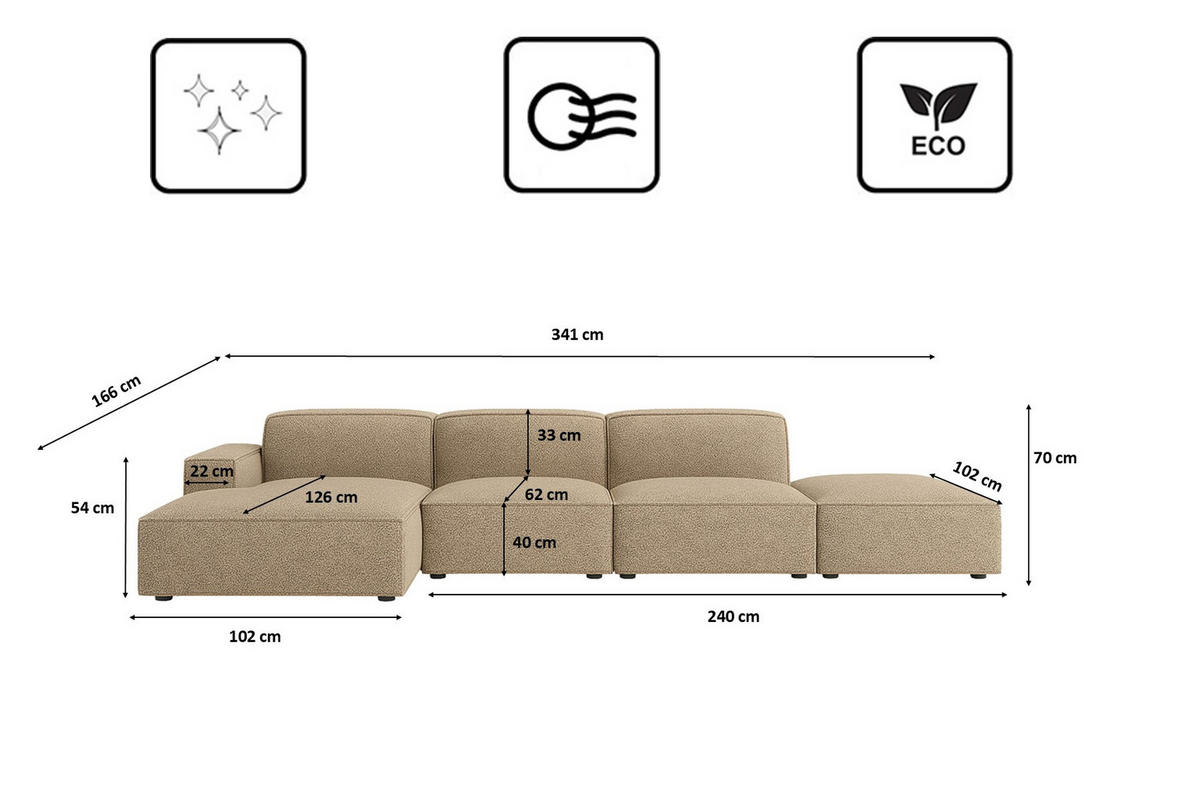 ECKSOFA Cursal L-Form, Stoff Artico, Beige + Hocker, Links - Beige, Holz (341/166cm) - Kaiser Möbel