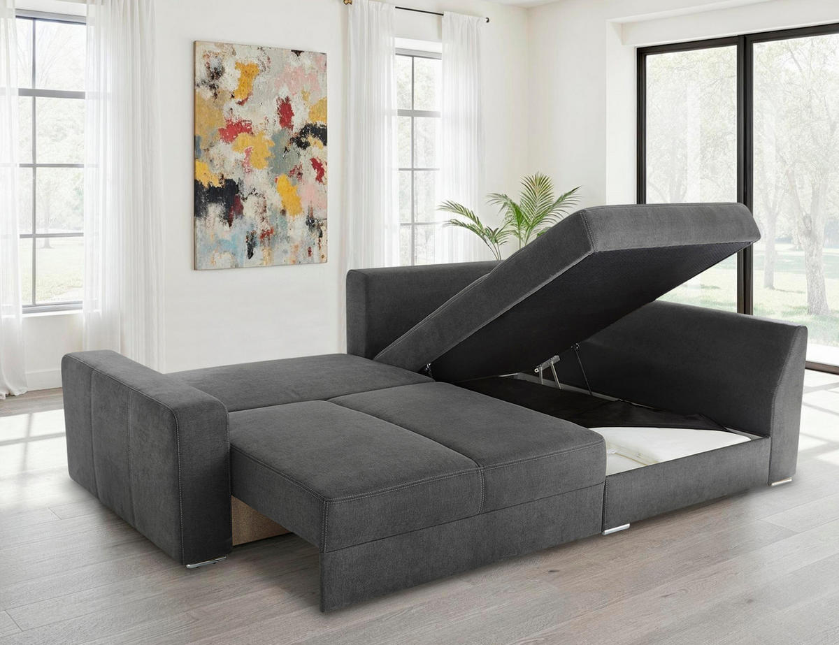 ECKSOFA-DAUERSCHLÄFER Boxspring Federkern Topper Bettkasten, seitenverkehrt montierbar B260/T181/H88 cm, Mikrofaser in Dunkelgrau / 15107 - Chromfarben/Dunkelgrau, Textil/Metall (260/181cm) - luma-home