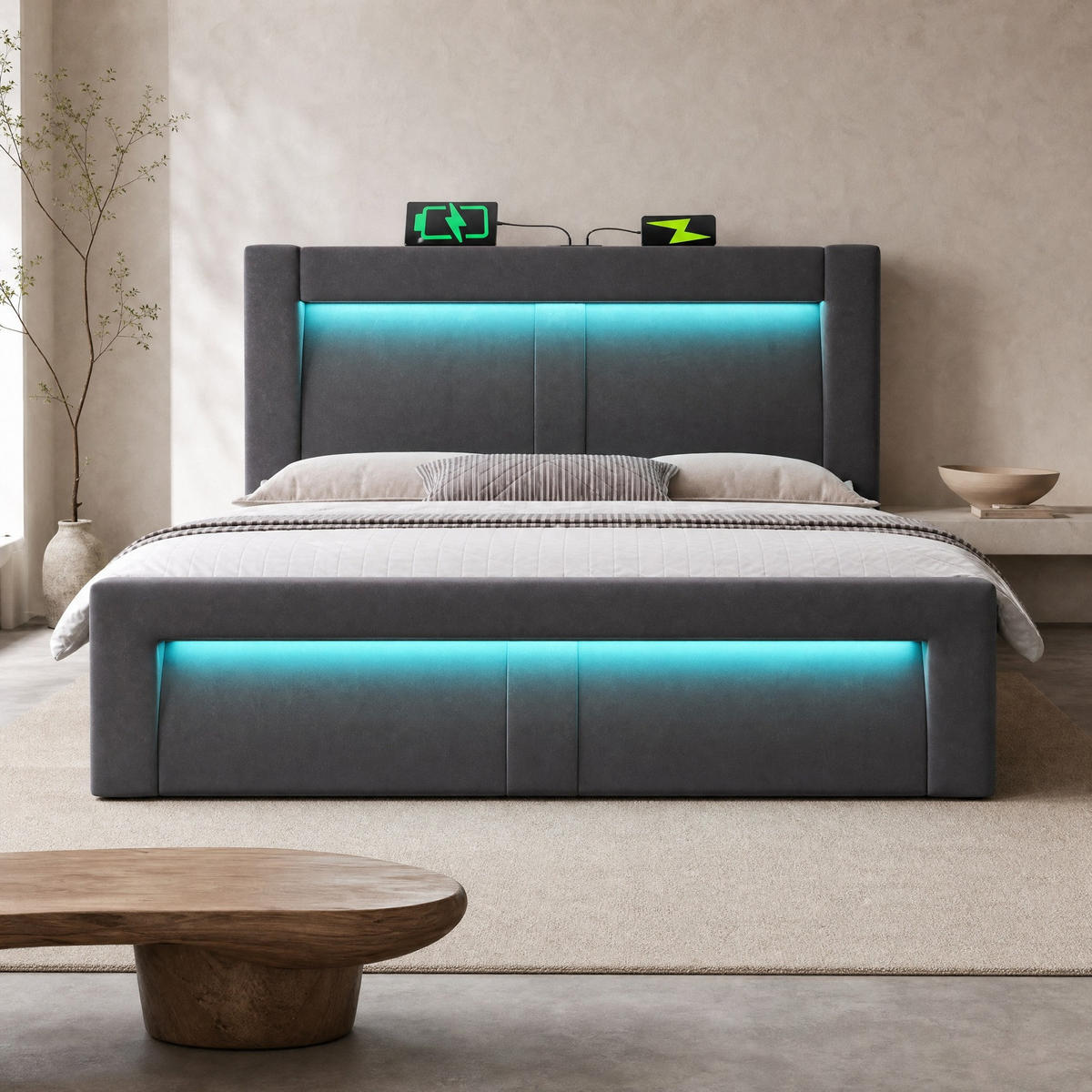 POLSTERBETT 140/200 mit Stauraum, LED-Beleuchtung, USB und Type-C in Grau - Grau, Holzwerkstoff/Textil (140/200cm) - EVRYAE