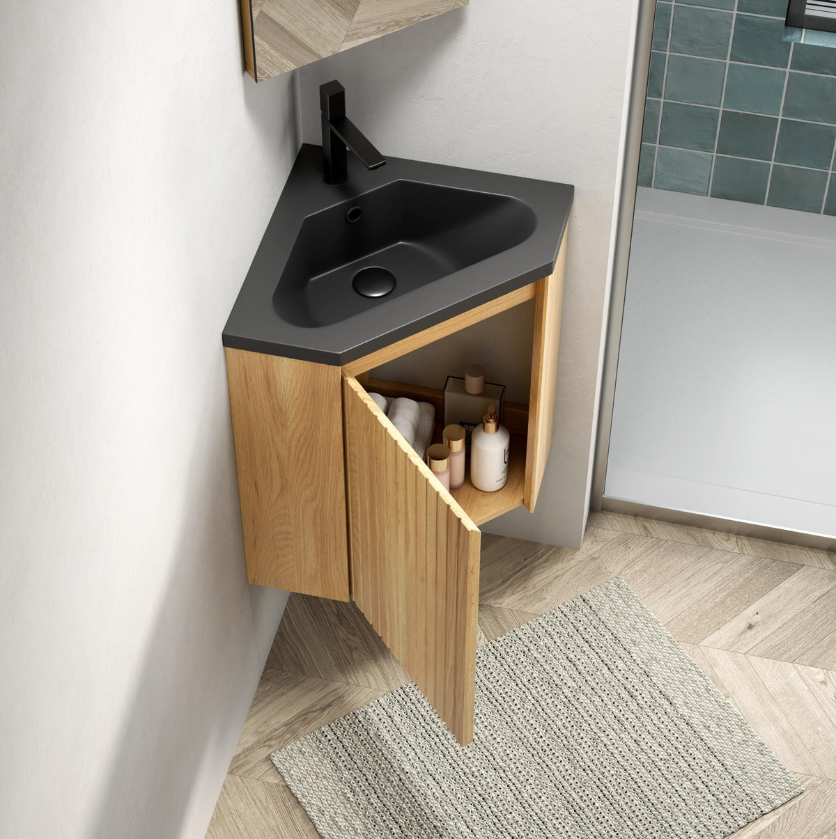 WASCHTISCH für Ecken Schwarz Naturholz - Schwarz, Holzwerkstoff (38.5/52.4/54.5cm) - Beauniv