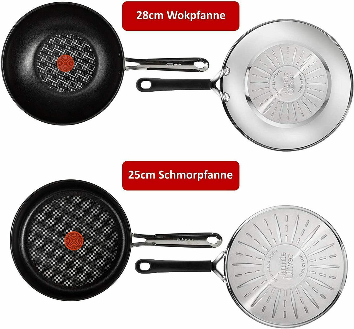 PFANNENSET Jamie Oliver 5-tlg Edelstahl induktionsgeeignet Wokpfanne Schmorpfanne mit Deckel - Silberfarben/Schwarz, Metall - Tefal