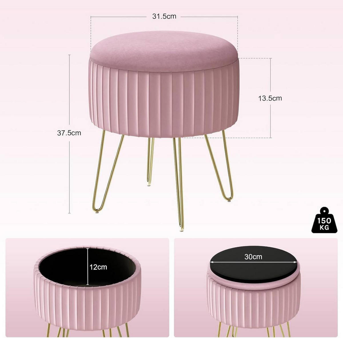 SITZHOCKER mit Stauraum, φ31,5xH37,5 cm, Rosa - Goldfarben/Rosa, Holzwerkstoff/Kunststoff (31.5/37.5/31.5cm) - Woltu