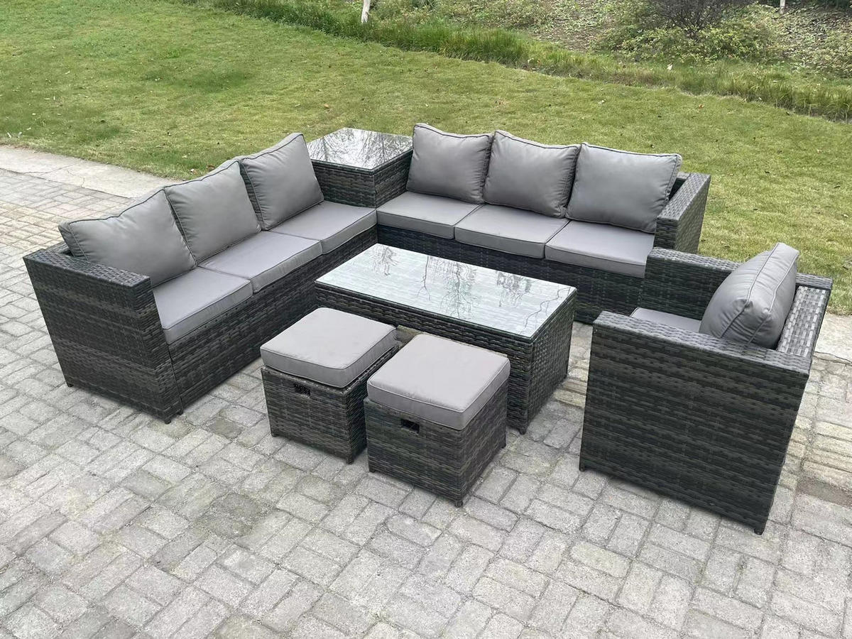 GARTENSOFA-SET MIT COUCHTISCH LOUNGE SOFA HOCKER Polyrattan Outdoor 9-Sitzer - Dunkelgrau/Grau, Glas/Kunststoff - Fimous