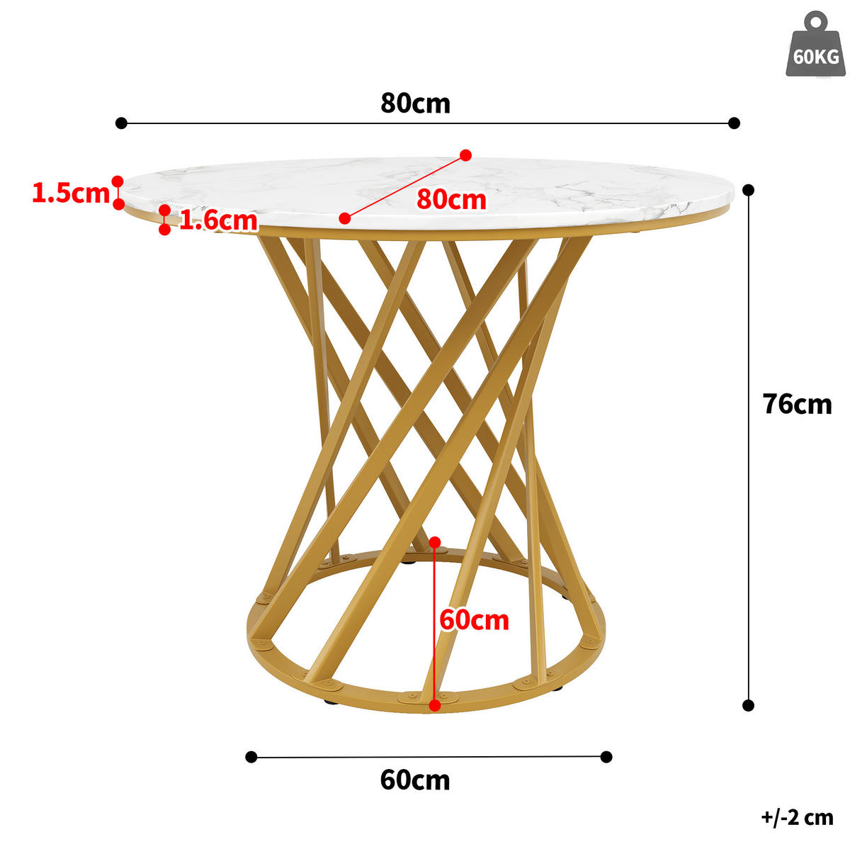 JÍDELNÍ stůl 80/80/76 cm s MDF deskou a nastavitelnými nohami, Zlatá/Bílá - zlatá, kompozitní dřevo (80/80/76cm) - Redom