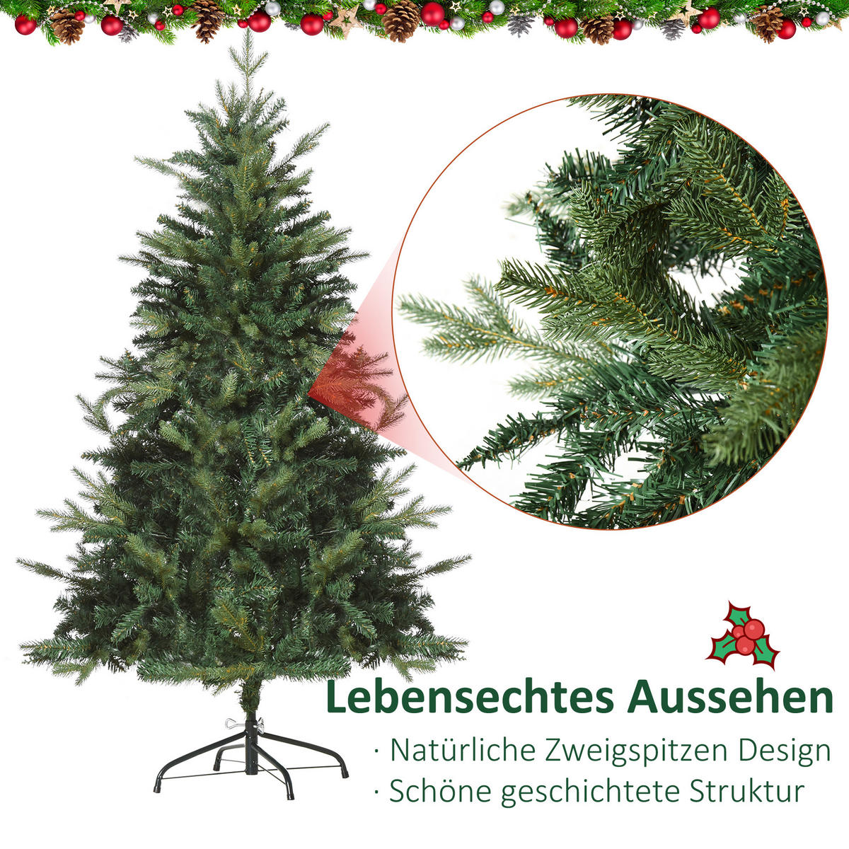 WEIHNACHTSBAUM 1,5 m Christbaum Kunsttanne 946 Zweige Metallfuß PVC Weiß - Grün, Kunststoff (150cm) - HOMCOM