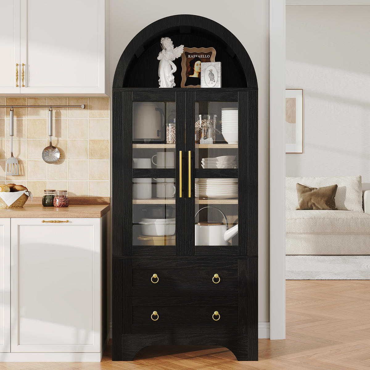 HIGHBOARD Schwarz 76,2×40×180 cm mit Glastüren, Schubladen und verstellbaren Einlegeböden aus Holzwerkstoff und Glas - Schwarz, Holzwerkstoff (76.2/180/40cm)