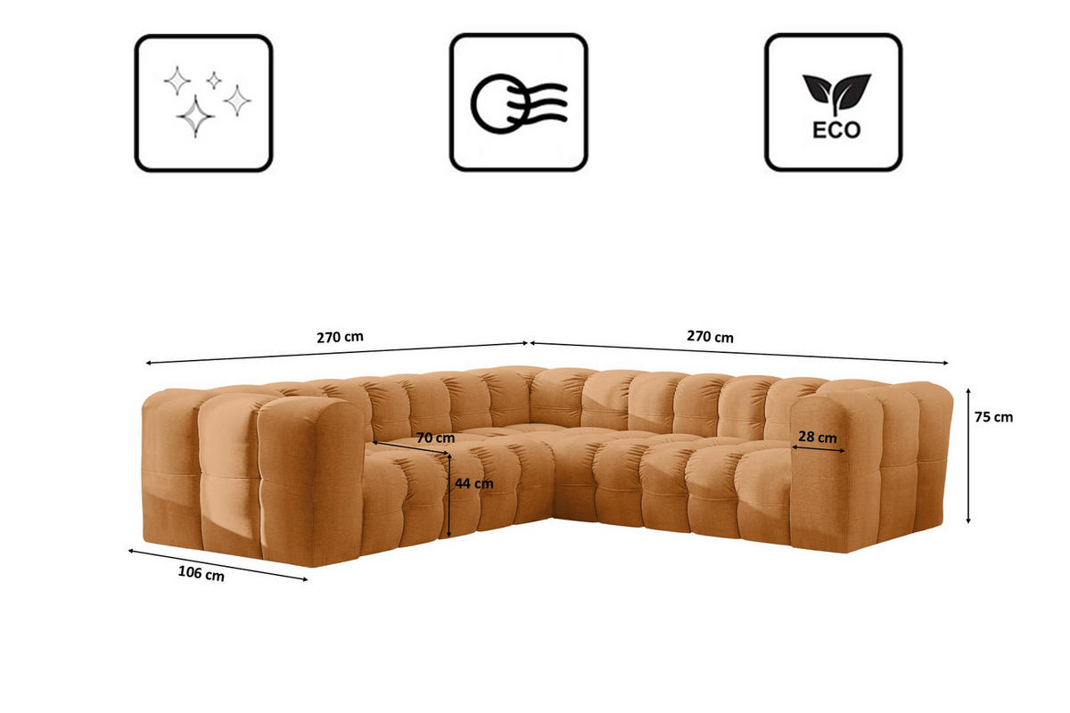ECKSOFA Corner Mit Steppung BALOO, Chenille-Stoff Moly, Orange - Orange, Holz (270/270cm) - Kaiser Möbel