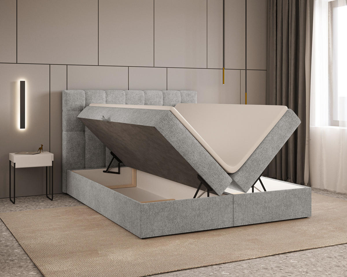 BOXBETT - Bett 05 OSLO - Aragon - 140x200 cm - mit Bettkasten und Komfort-Topper - Hellgrau, Holz (140/200cm) - ROYAL24_MARKT