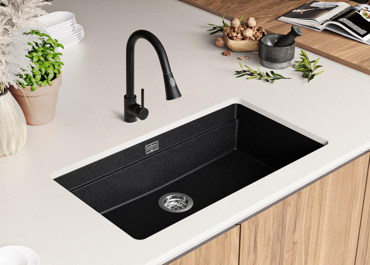 UNTERBAUSPÜLE GRANIT Praga, 2-er set Anthrazit 86/47 cm 1 Becken + Ablauf-Set + Aufrollbare Abtropffläche ab 90er Unterschrank - Chromfarben/Anthrazit, Kunststoff (86/20/47cm) - Primagran