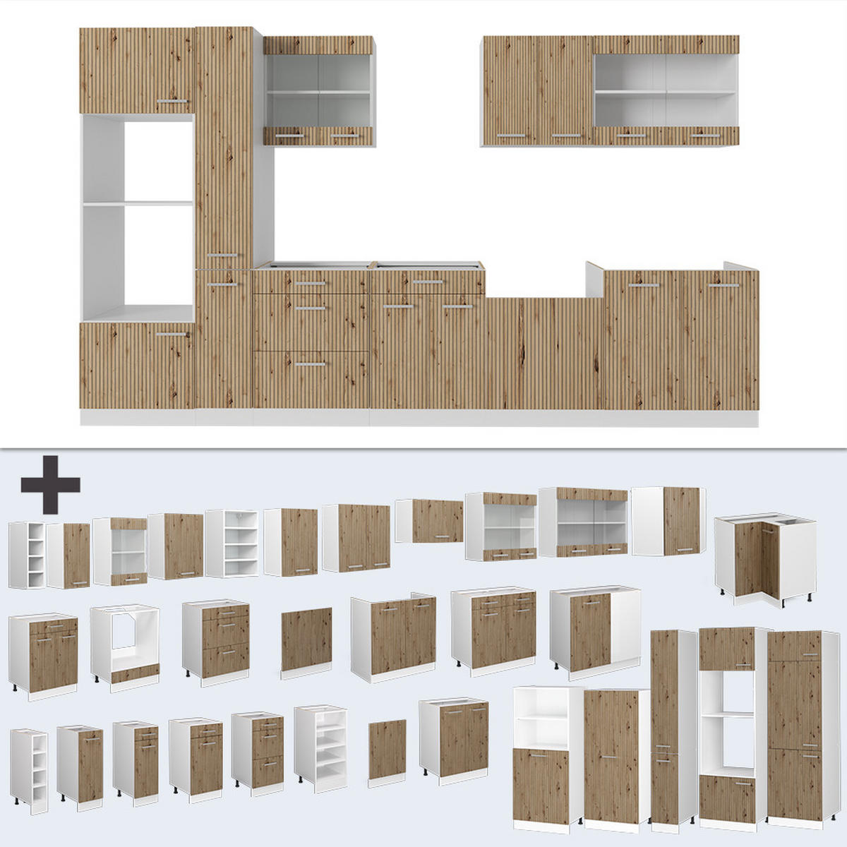 KÜCHENZEILE R-Line Artisan Eiche/Weiß 350 cm mit Hochschrank AP Anthrazit - Eiche Artisan/Weiß, Holzwerkstoff (350/81.6/60cm) - Vicco