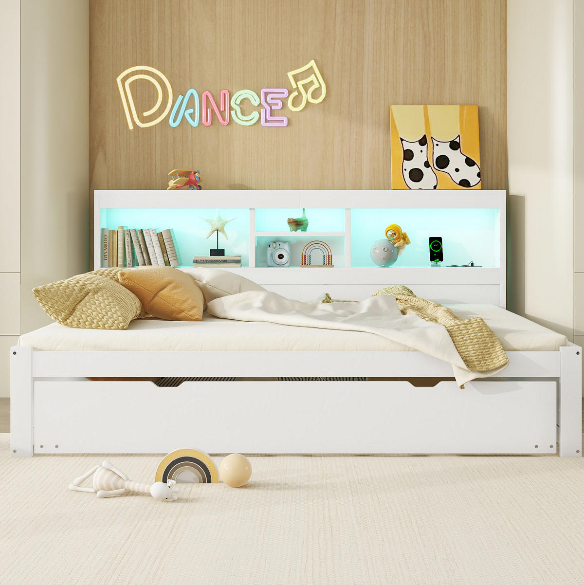 BETT 140/200 cm Weiß mit Ausziehbett, LED-Beleuchtung und USB-Anschlüssen - Weiß, Holzwerkstoff (140/200cm) - Flora Grace