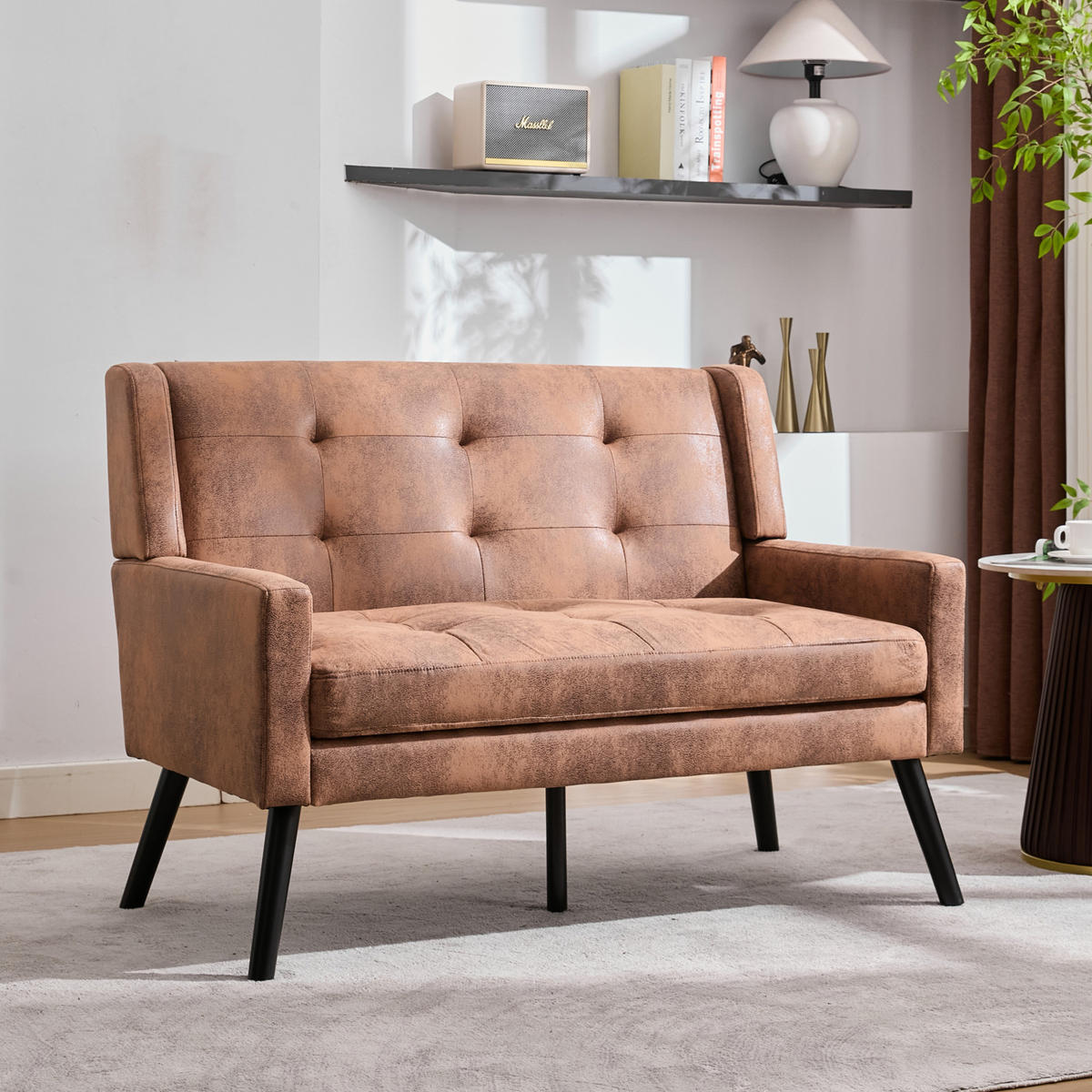 SITZBANK 2-Sitzer Suedevlies-Polster mit Knopfheftung, Massivholzbeinen 119/75/88 cm Dunkelbraun - Dunkelbraun, Textil (75/88/119cm) - Redom