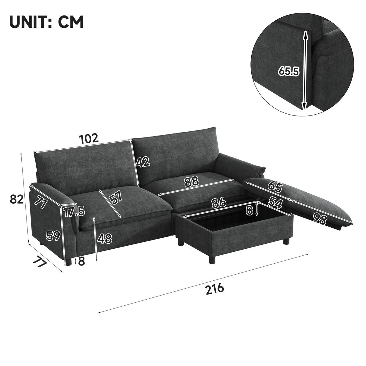 SOFA 216/77/82 cm Schwarz aus Chenille mit Fußhocker und Stauraum - Schwarz, Textil (77/82/216cm) - OKMYHOME