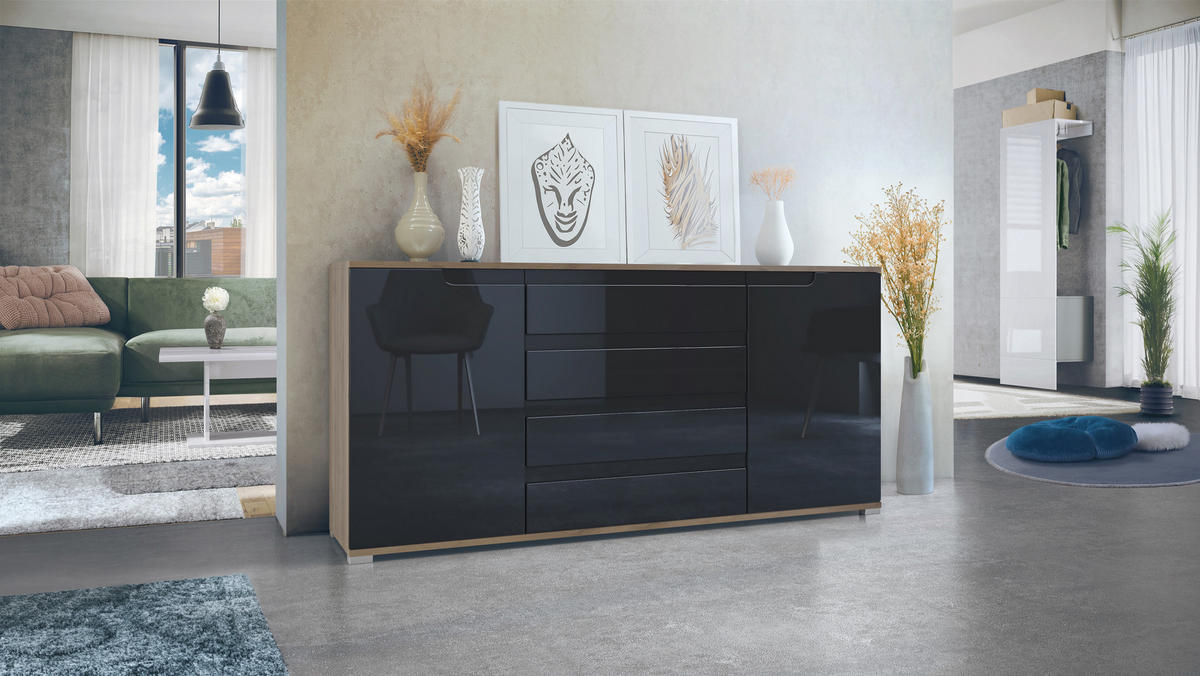 SIDEBOARD Sylt Schwarz Hochglanz - Schwarz Hochglanz, Holzwerkstoff (166.5/75.5/35cm) - Vladon