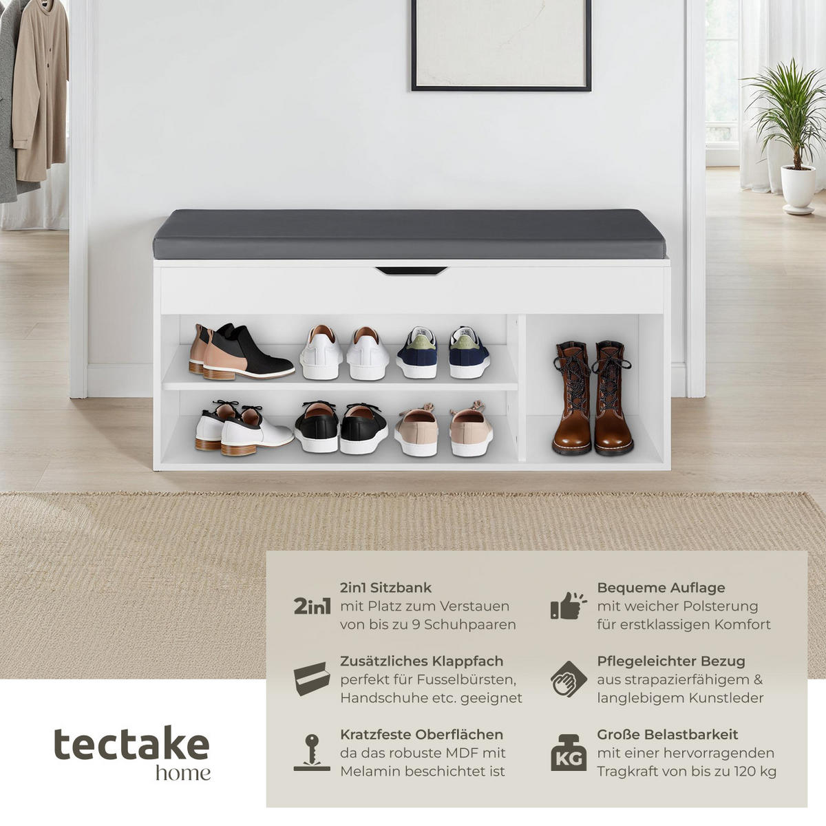 SCHUHBANK Natalya,104 x 30 x 49 cm,weiß - Weiß, Holz (30/49/104cm) - tectake