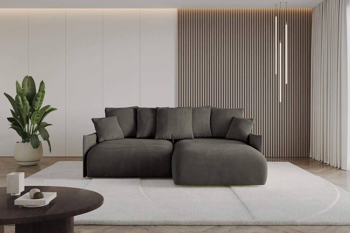 ECKSOFA Ottomane rechts ONESK-L -v1 216x177x72 Schwarz Velours - Schwarz, Holzwerkstoff/Kunststoff (177/216cm) - ALTDECOR