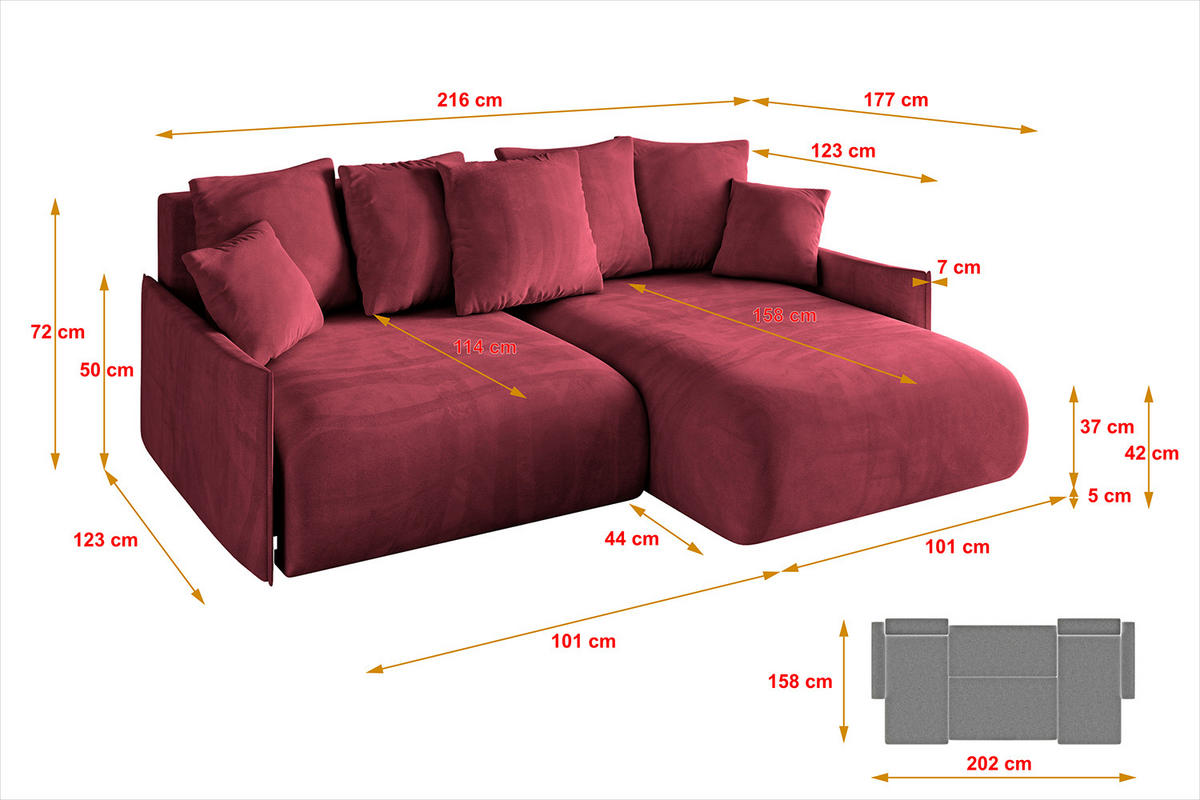 ECKSOFA Ottomane rechts ONESK-L -v1 216x177x72 Bordeauxrot Velours - Bordeaux, Holzwerkstoff/Kunststoff (177/216cm) - ALTDECOR