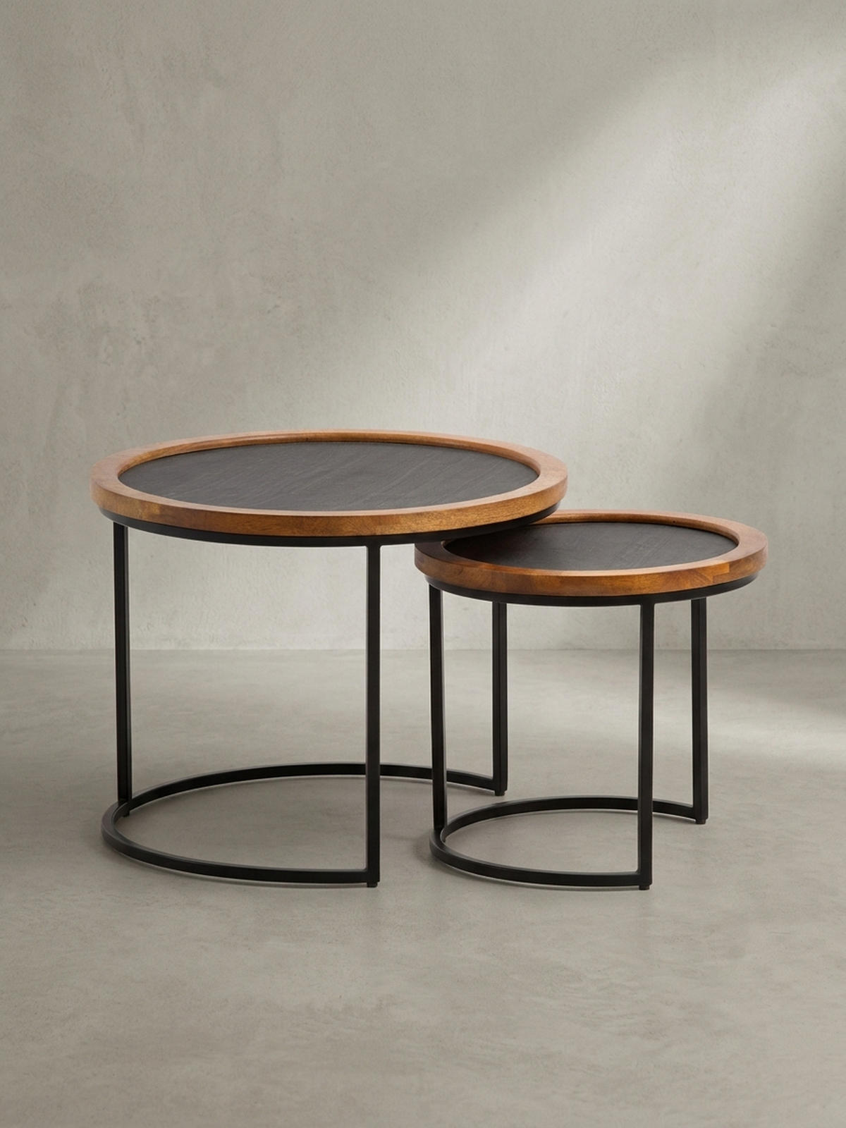 COUCHTISCH Set – 2-teilig Rund Mango Massivholz Steinoptik Metall Braun Anthrazit - Schwarz/Braun, Holz/Metall (60/60/46cm) - KADIMA DESIGN