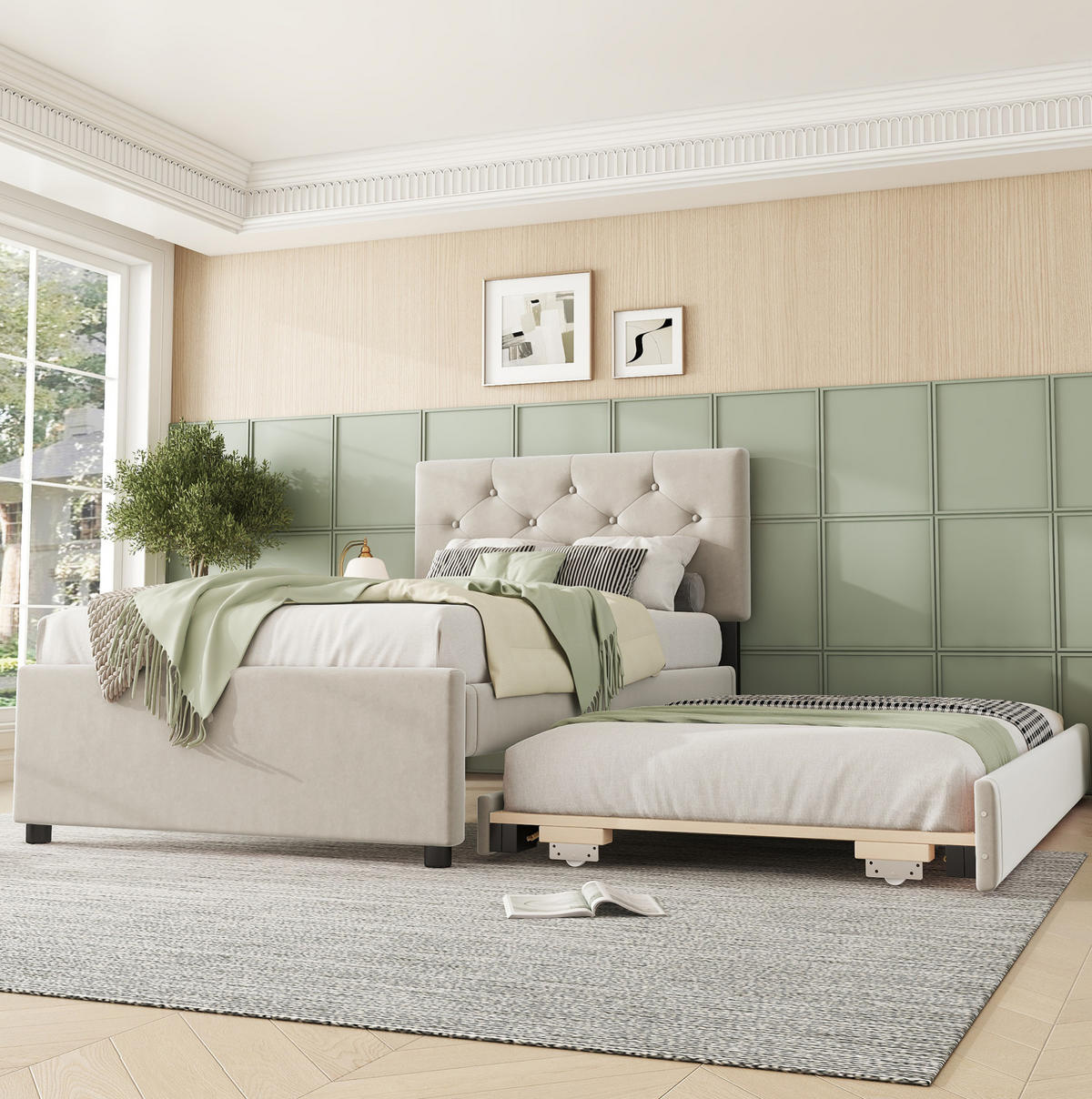 POLSTERBETT aus Samt 90x200 cm in Beige mit ausziehbarem Rollbett - Beige, Textil (90/200cm) - Modfu