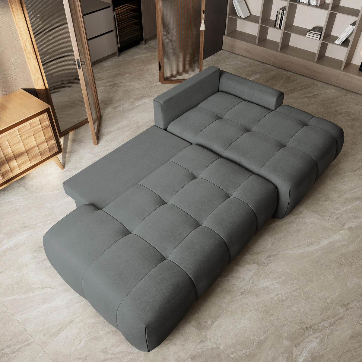 ECKSOFA FLUMA CL R-S Grau Samtstoff mit Schlaffunktion - Grau, Holzwerkstoff/Textil (279/158cm) - MASSENO