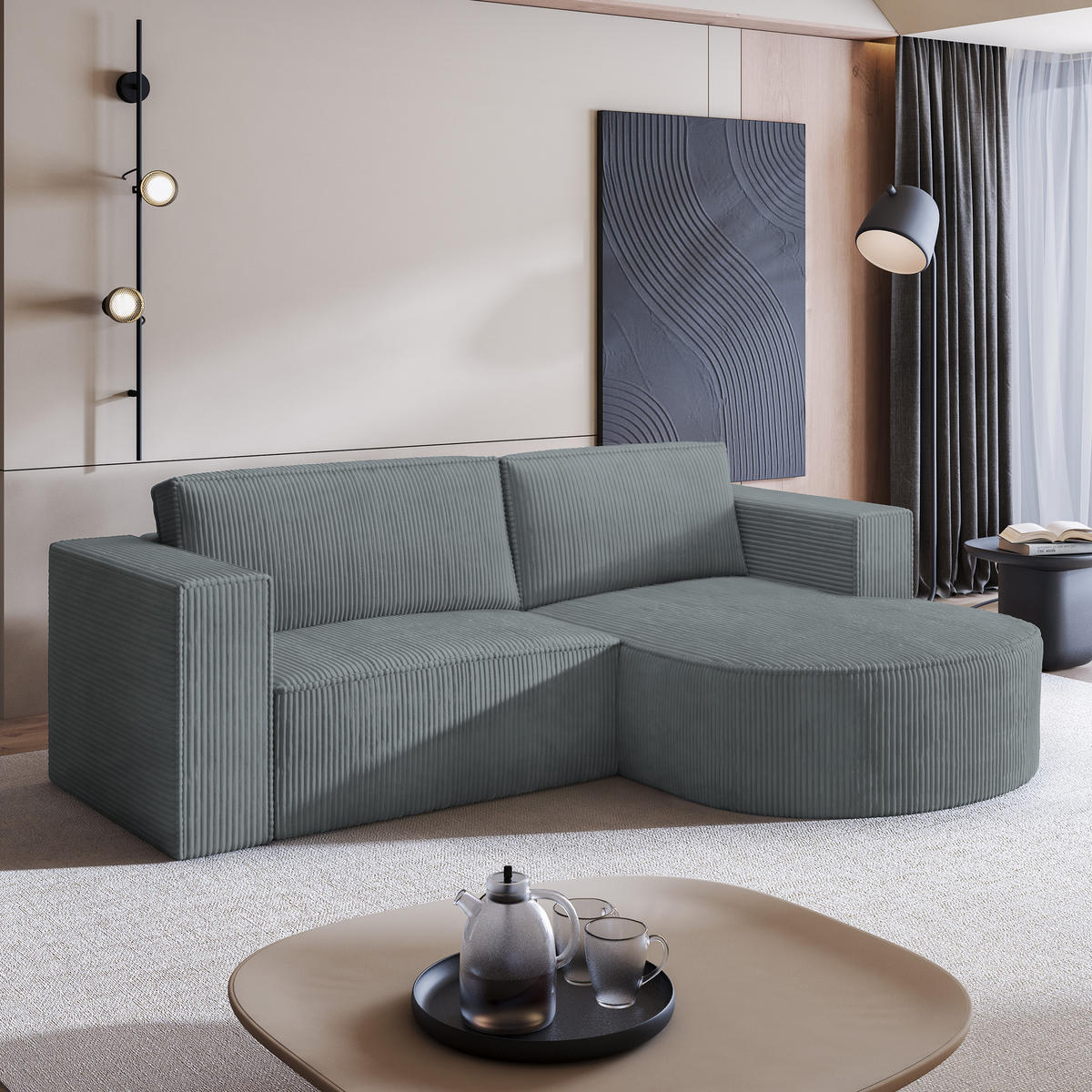 ECKSOFA SORELA P R-S Grau Kordstoff mit Schlaffunktion - Grau, Holz (263/174cm) - MASSENO