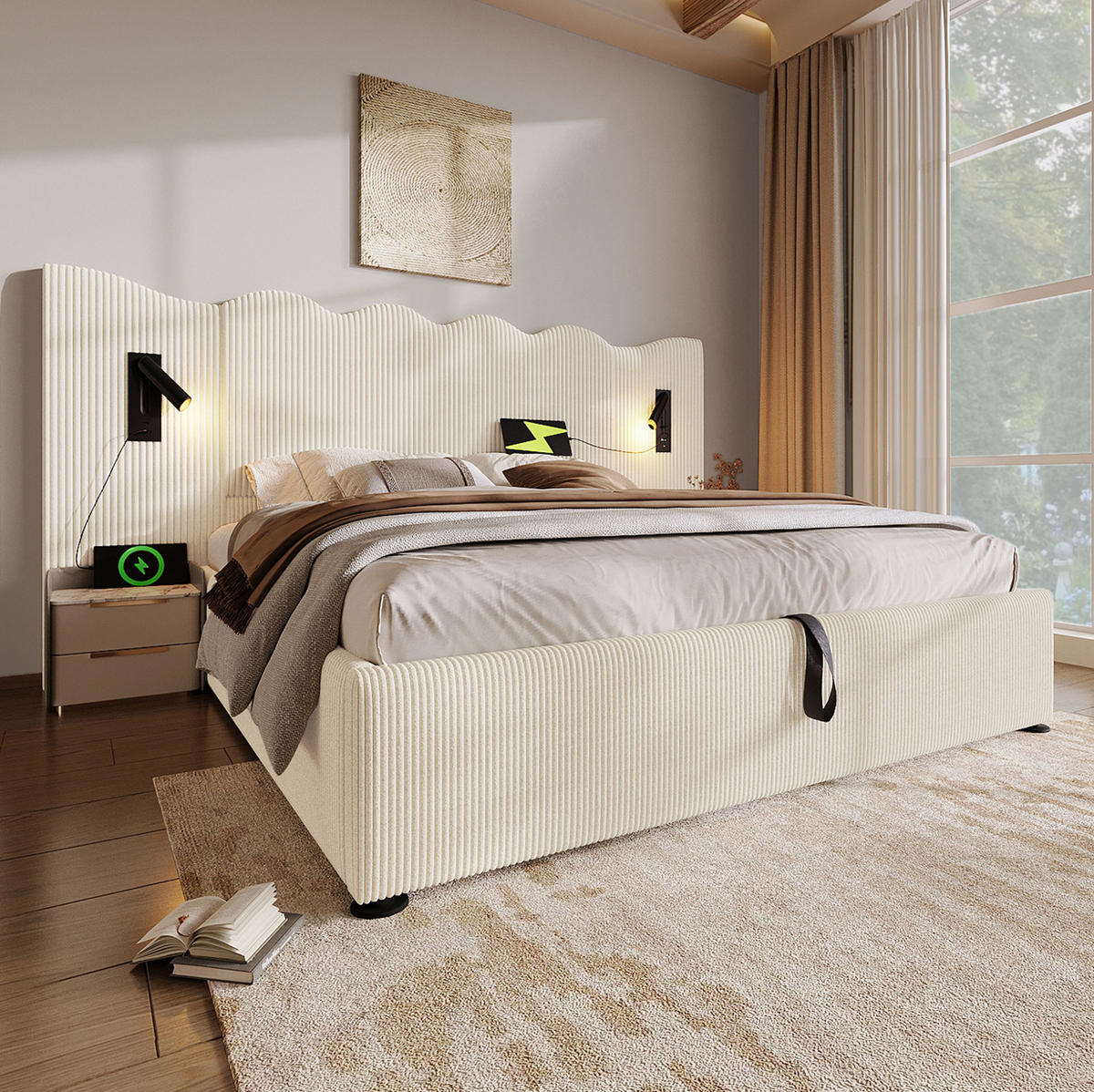 POLSTERBETT mit Bettkasten 180/200 cm in Cord Beige-Weiß mit Leselampe - Beige, Leder (180/200cm) - BEAOK