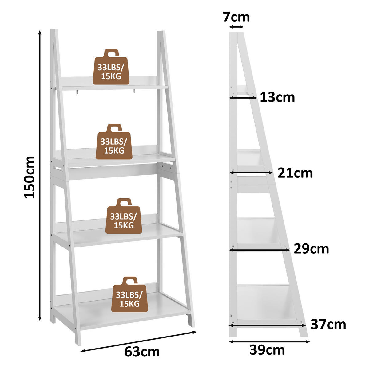 BÜCHERREGAL 63/39/150 cm mit 4 Ebenen, Leiterdesign, platzsparend und kippsicher, Weiß - Weiß, Holzwerkstoff (63/150/39cm) - Redom