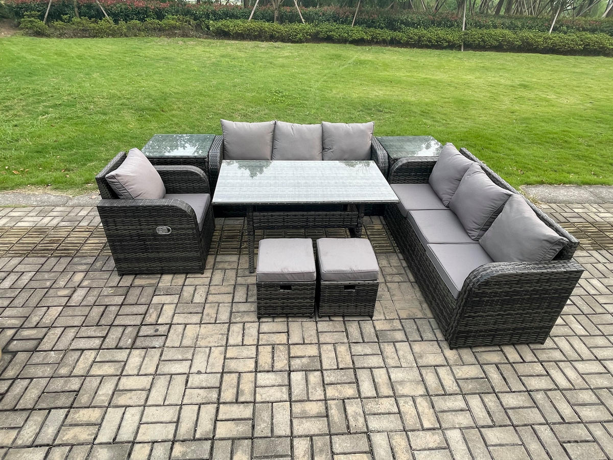 GARTENTISCHGRUPPE mit 2 Beistelltischen,2 Hocker Polyrattan Dunkelgrau 9-Sitzer - Dunkelgrau/Grau, Glas/Kunststoff - Fimous