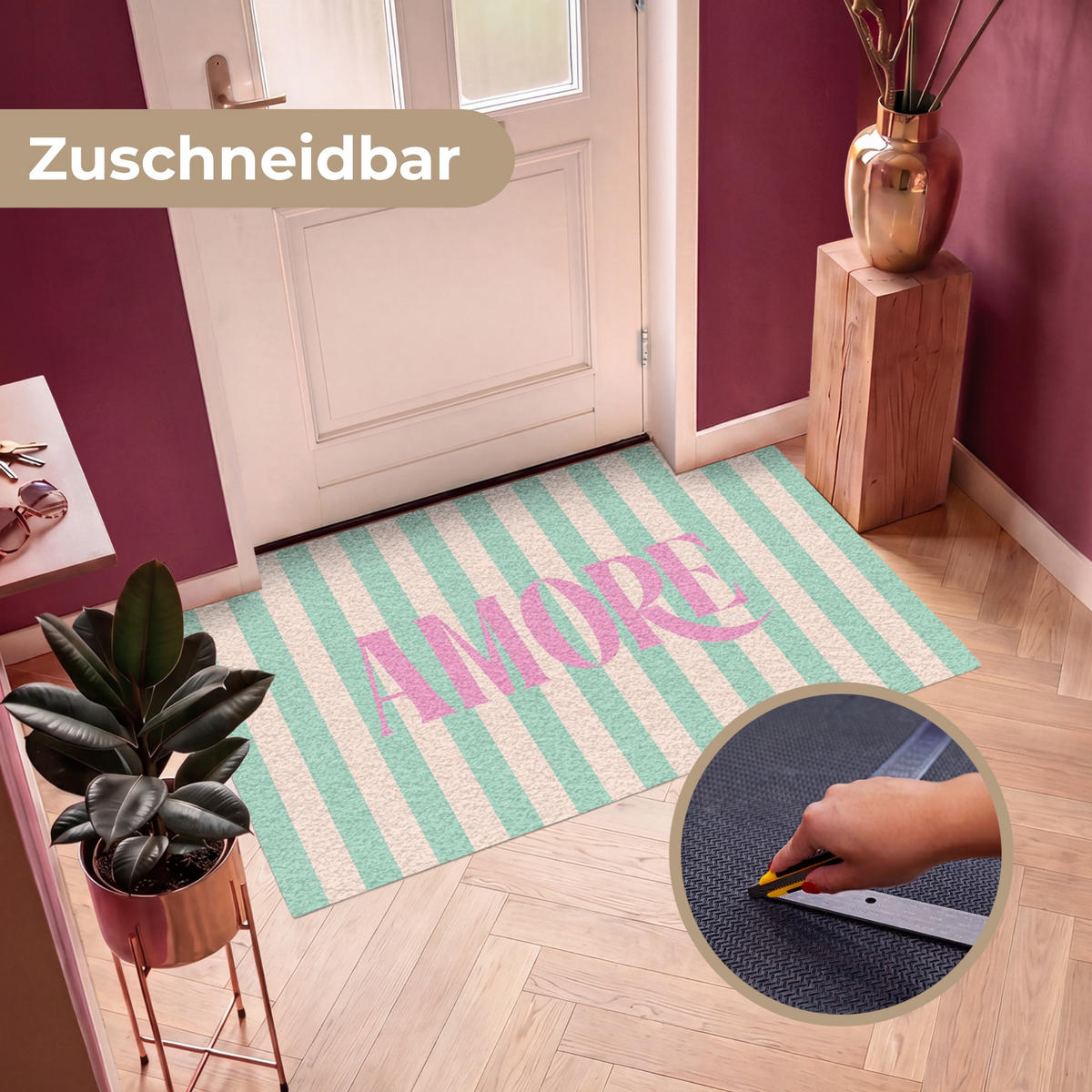 FUSSMATTE Rosa – Grün – Streifen – Amore 150x90 cm - Mintgrün, Kunststoff (150/0.4cm) - MuchoWow