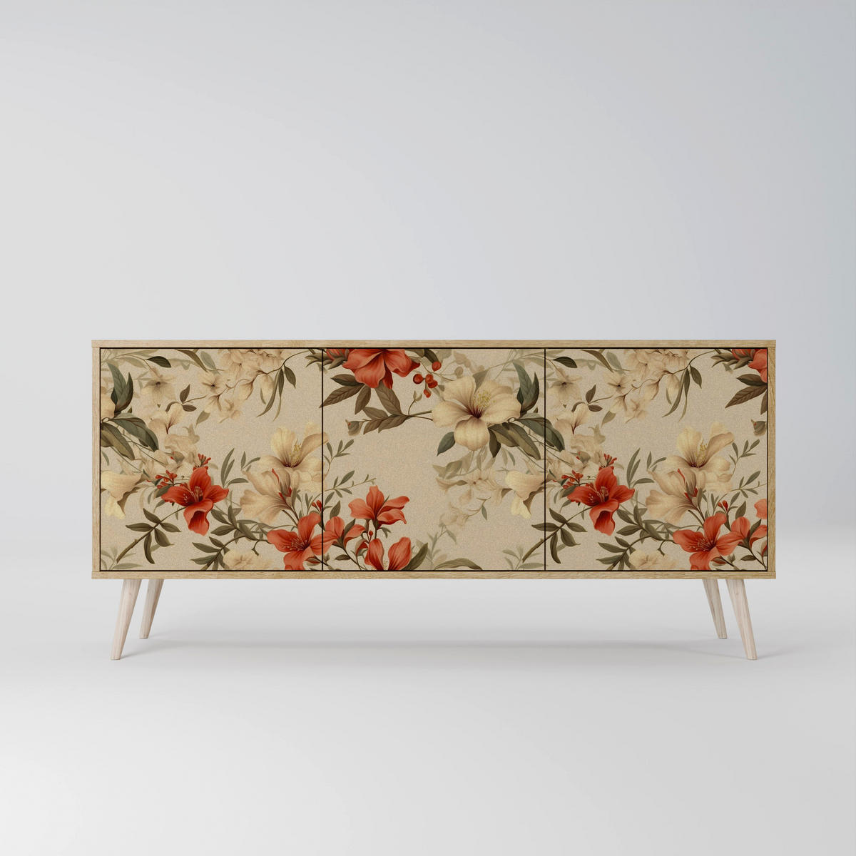 SIDEBOARD BLOOMING HARMONY, Eicheneffekt, 164,5x42x77,5 cm, 3 Türen - Eichefarben/Buchefarben, Holzwerkstoff/Buchenholz (164.5/77.5/42cm) - SpaceRebels