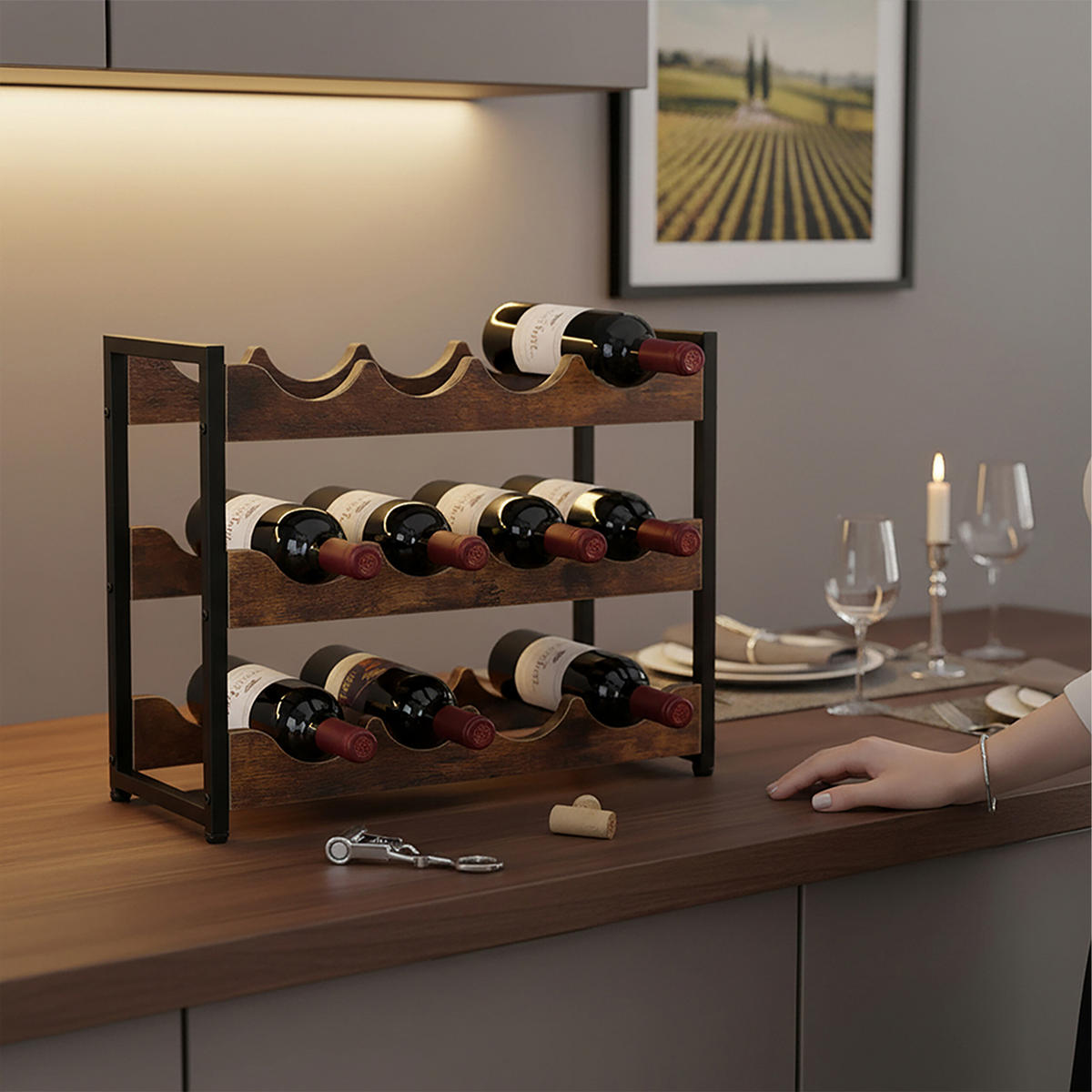 REGÁL vína - hnědá, kov/kompozitní dřevo (44.5/38/20cm) - Relaxdays