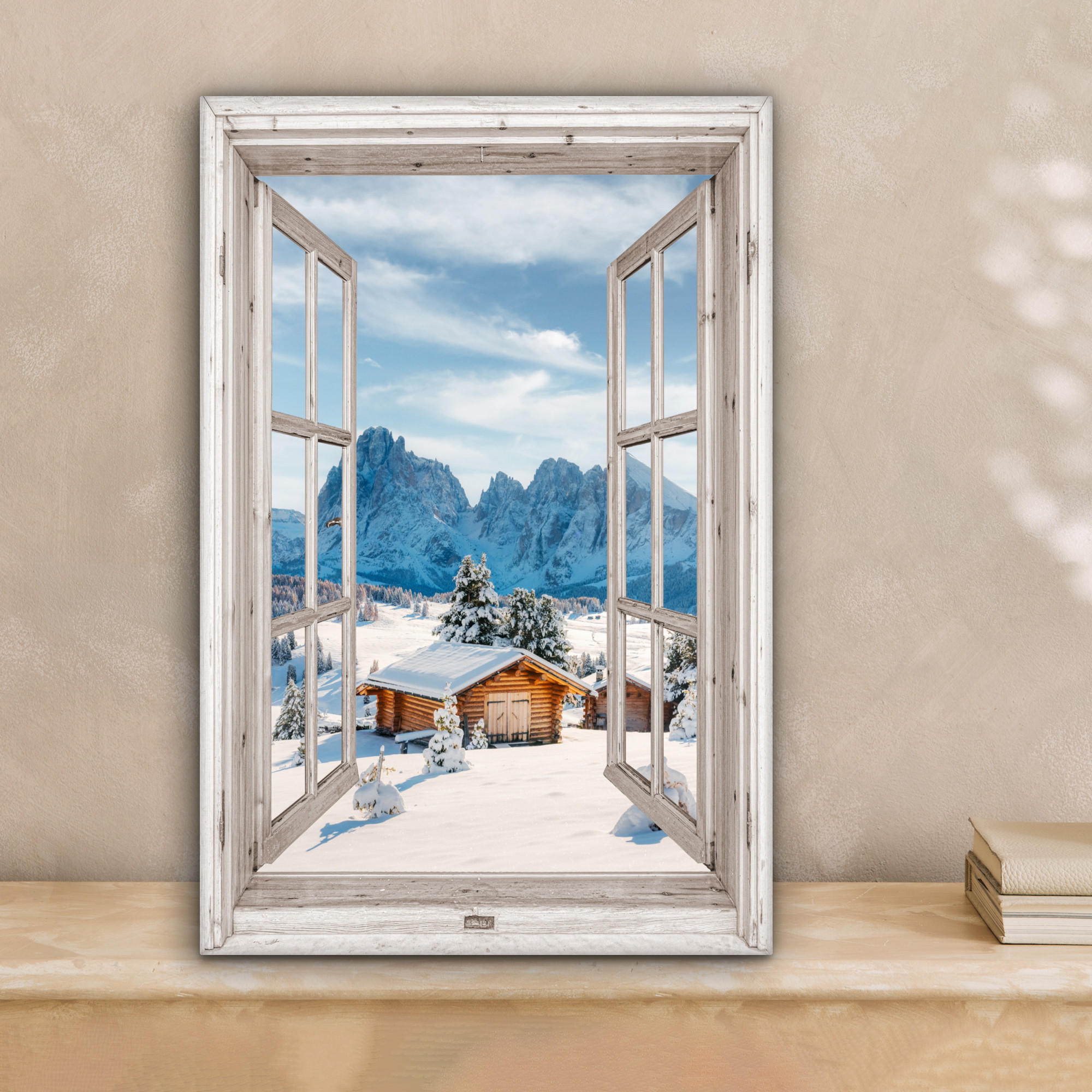 LEINWANDBILD Winterlandschaft - Hütte - Berge - Ausblicke - Aussicht - Natur 20x30 cm - Weiß Hochglanz, Textil (20/30cm) - MuchoWow