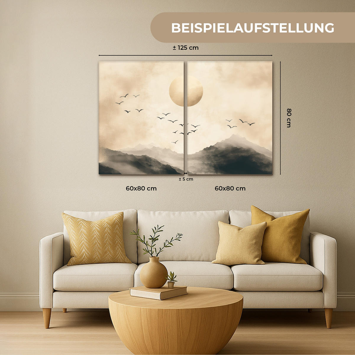 LEINWANDBILD 2er Set Landschaft - Japandi - Beige - Vögel 100x70 cm - Beige, Textil (100/70cm) - MuchoWow