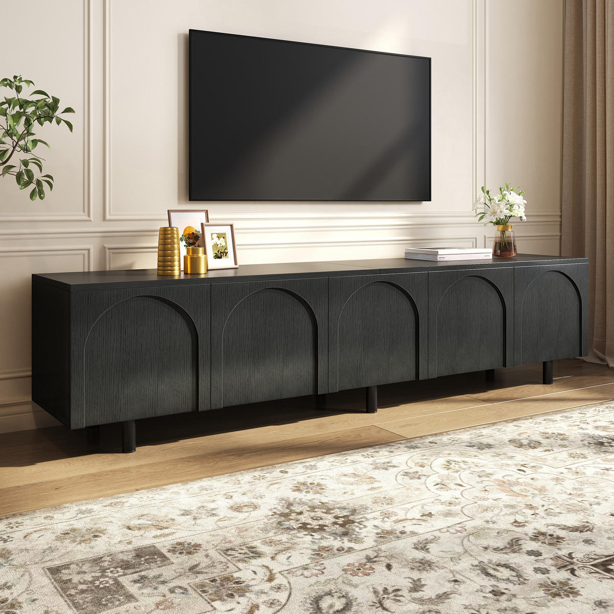 TV-SCHRANK Lowboard 5 Türen Metallfüße PB MDF modern - Schwarz, Holzwerkstoff (38/45/180cm) - FLIEKS
