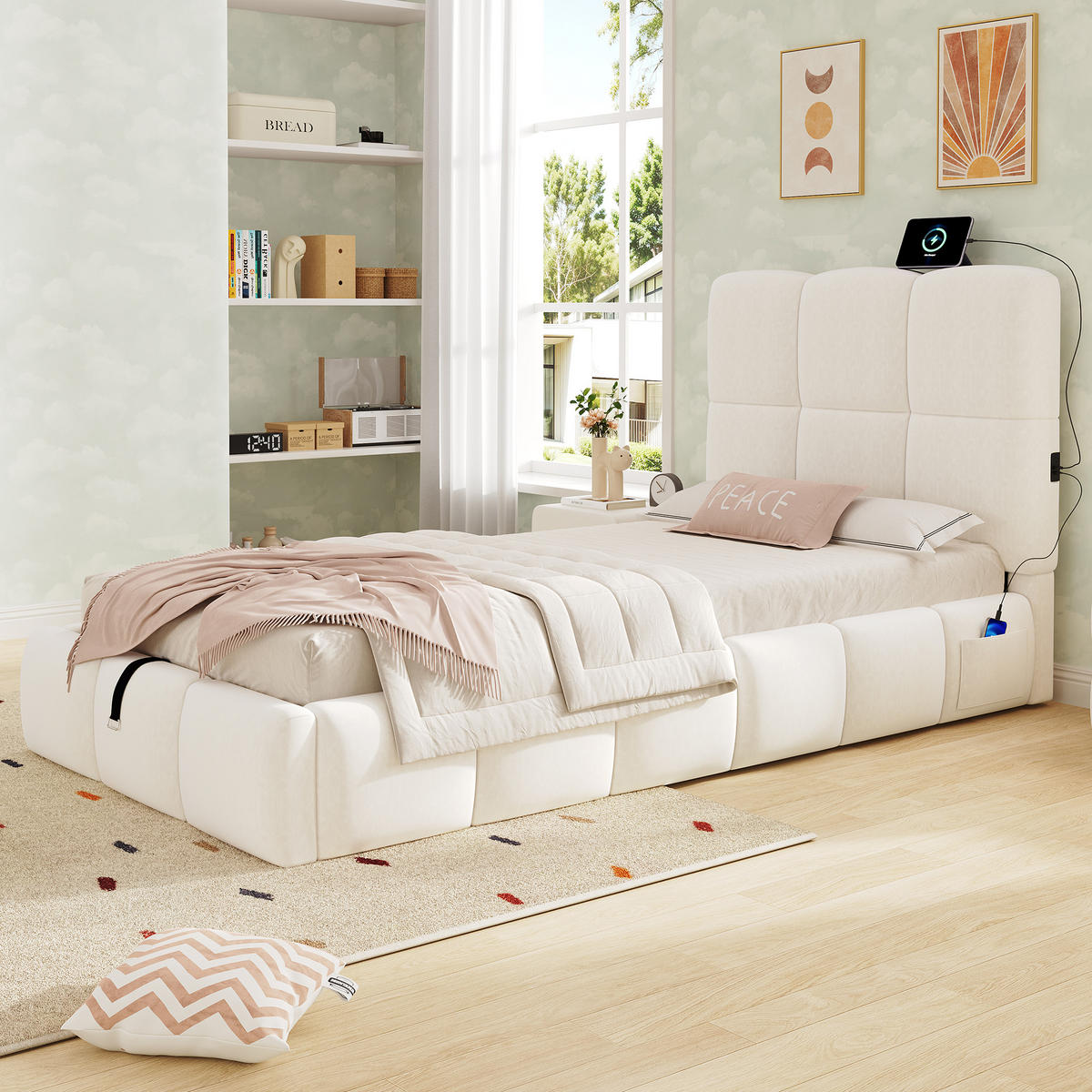 KINDERBETT 90/200 cm in Beige Samt mit Stauraum und USB - Beige, Holzwerkstoff/Textil (90/200cm) - WISHDOR
