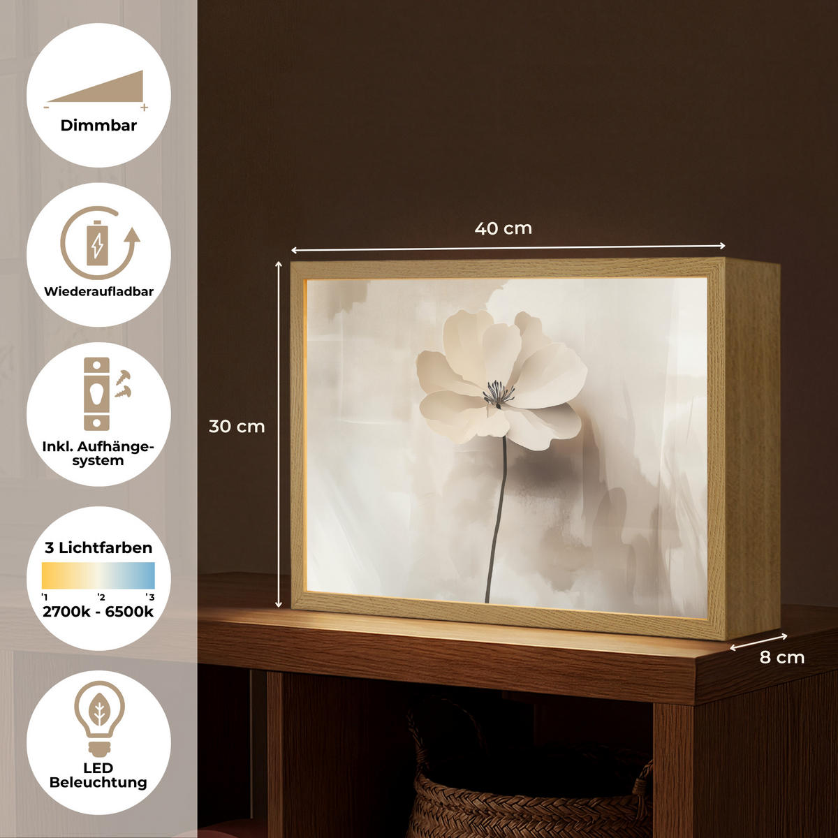NÁSTĚNNÁ LAMPA S AKUMULÁTOREM Květina - béžová - barva - stín 40x30 cm - béžová, kompozitní dřevo (40/30/8cm) - OnlyWow