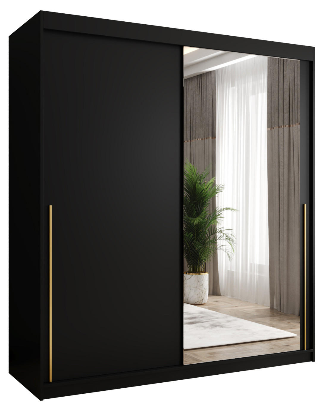 SCHIEBETÜRENSCHRANK mit Spiegel 180 cm Breite, Schwarz mit goldenem Griff - Goldfarben/Schwarz, Holzwerkstoff (250/200/62cm) - Home Collective