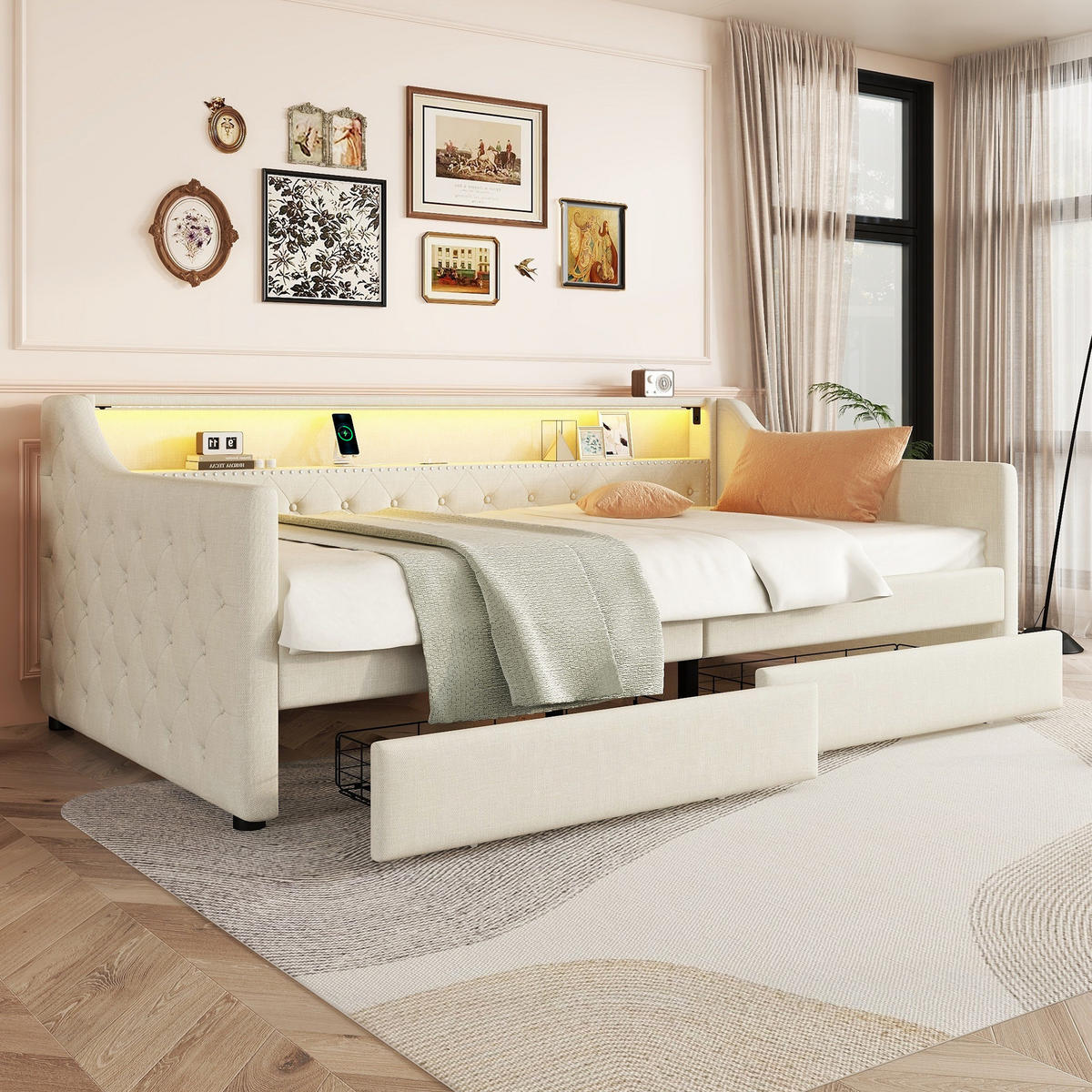 TAGEBETT 90x200cm Beige Leinen Ambientelicht 2 Schubladen USB - Beige, Holz (90/200cm) - FLIEKS