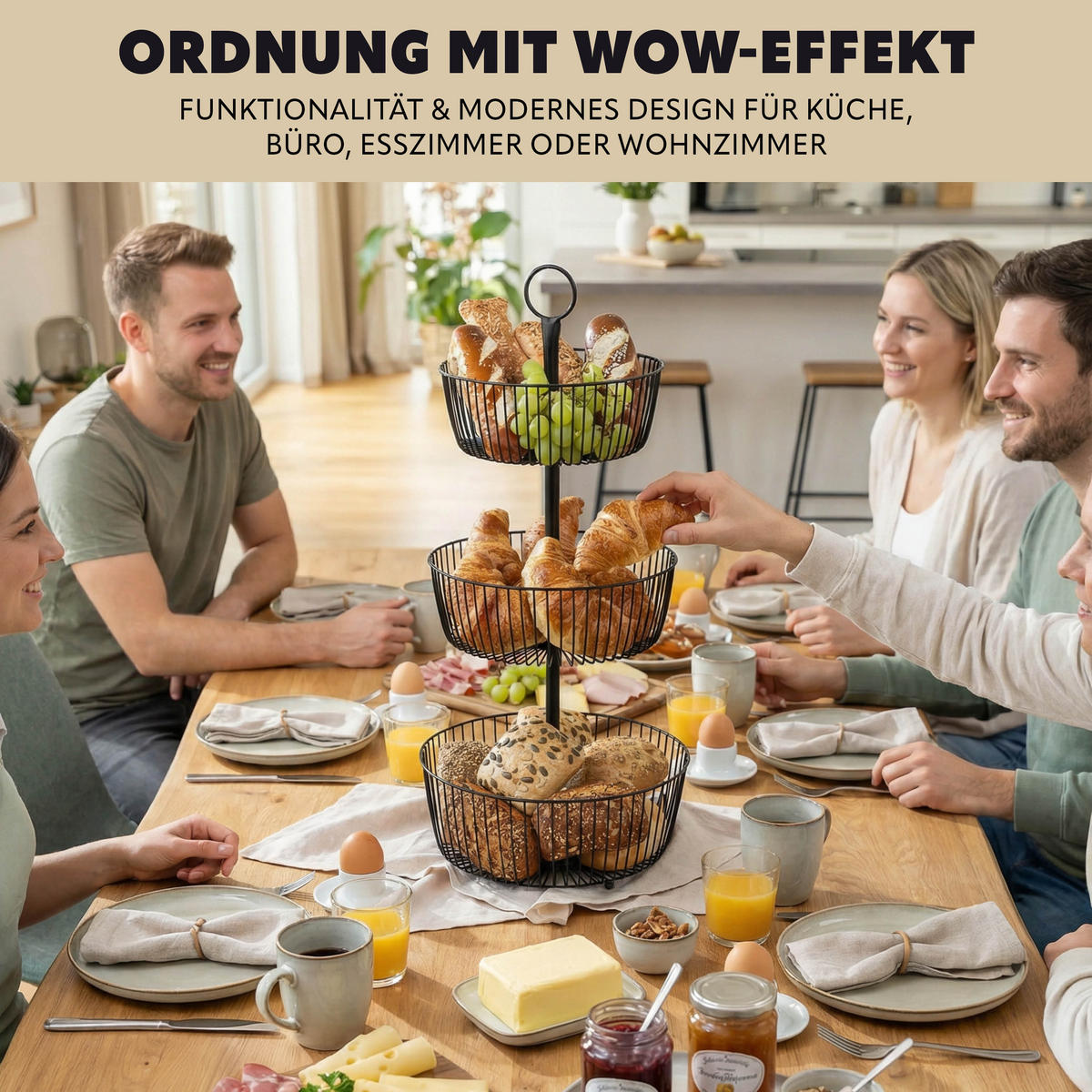 OBSTETAGERE, 3-stöckig, rund, Metall, Schwarz - Schwarz, Metall (63.5cm) - eluno