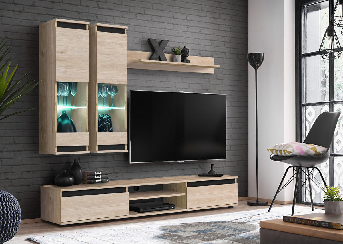 WOHNWAND Eiche Hickory, schwarz 4-teilig 175 cm, Schrankwand mit LED-Beleuchtung - Eichefarben/Schwarz, Glas/Holzwerkstoff (175/150/37cm) - Inn.Furn