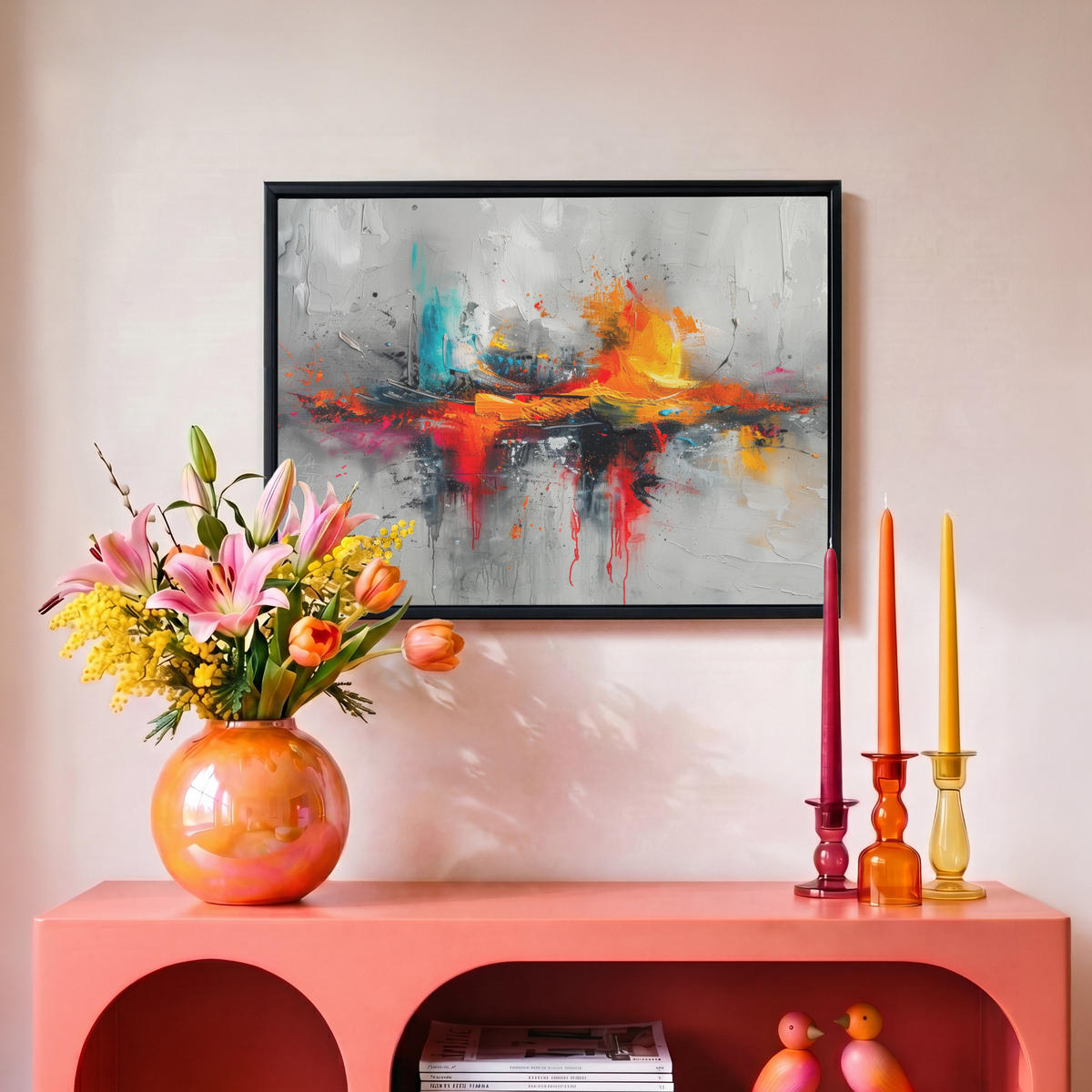 LEINWAND Bilder mit Rahmen - Moderne Kunst - Orange - Grau - Abstrakt - 40x30 - Hellgrau, Textil (40/30cm) - MuchoWow