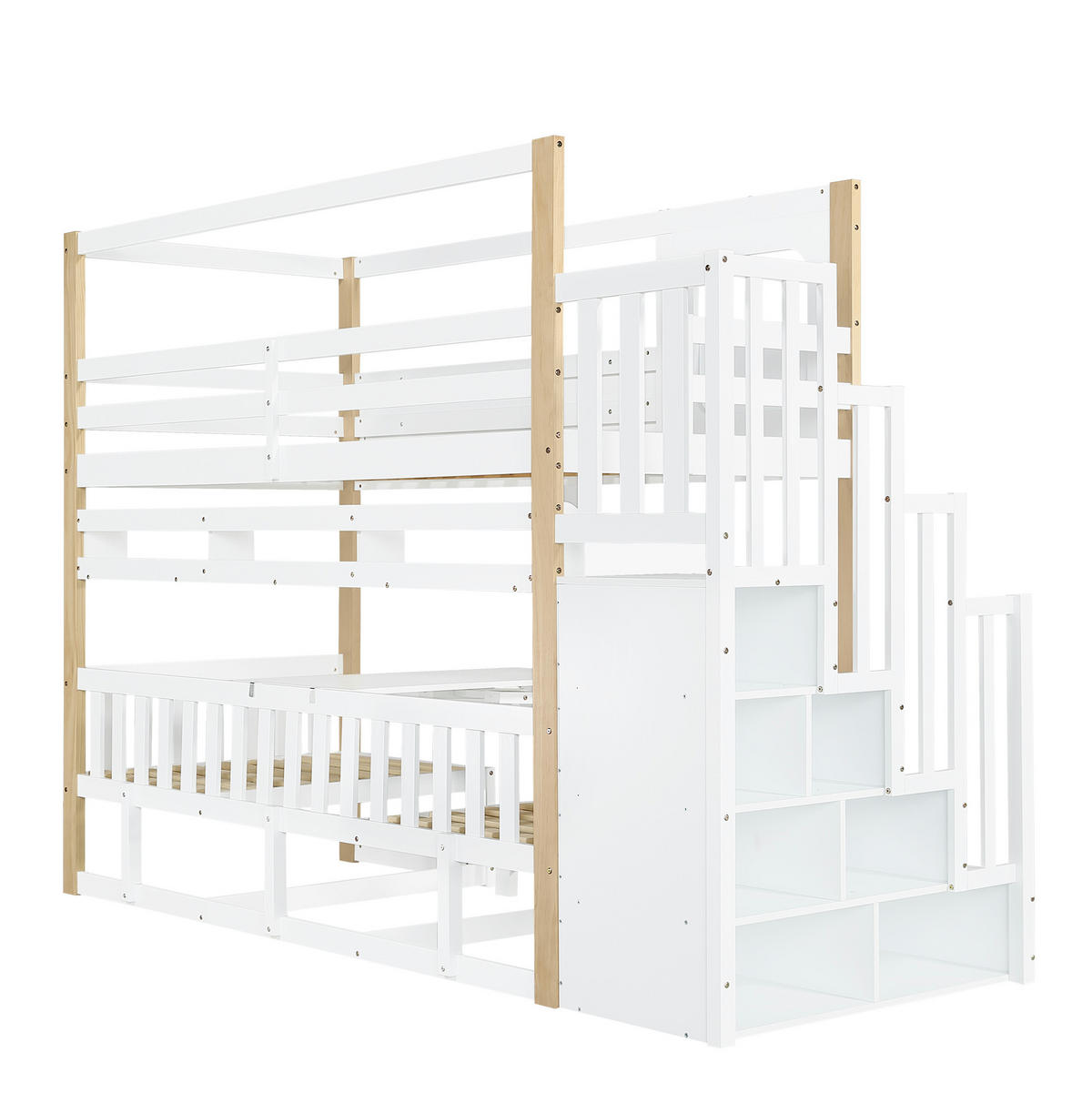 ETAGENBETT 90/200 cm in Weiß/Natur mit Aufbewahrungstreppe und Klapptisch - Weiß, Holz (90/200cm) - OKMYHOME