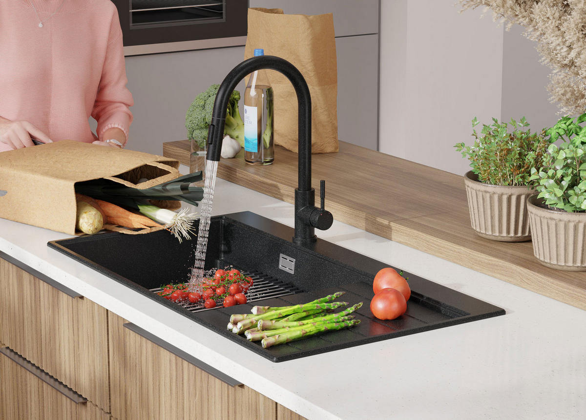 SPÜLBECKEN Sydney, 2-er set Anthrazit 90/50 cm 1 Becken + Ablauf-Set + Küchenzubehörset ab 60er Unterschrank - Chromfarben/Anthrazit, Kunststoff (90/20/50cm) - Primagran