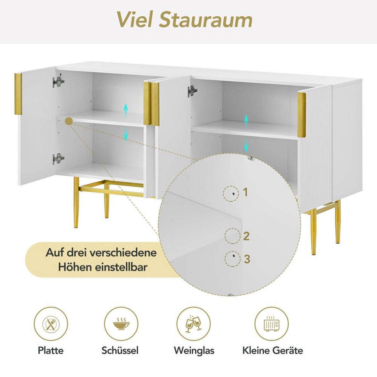SIDEBOARD mit 4 Türen und Metallgriff, Weiß - Weiß, Holz (40.5/80/152.5cm) - KOMHTOM