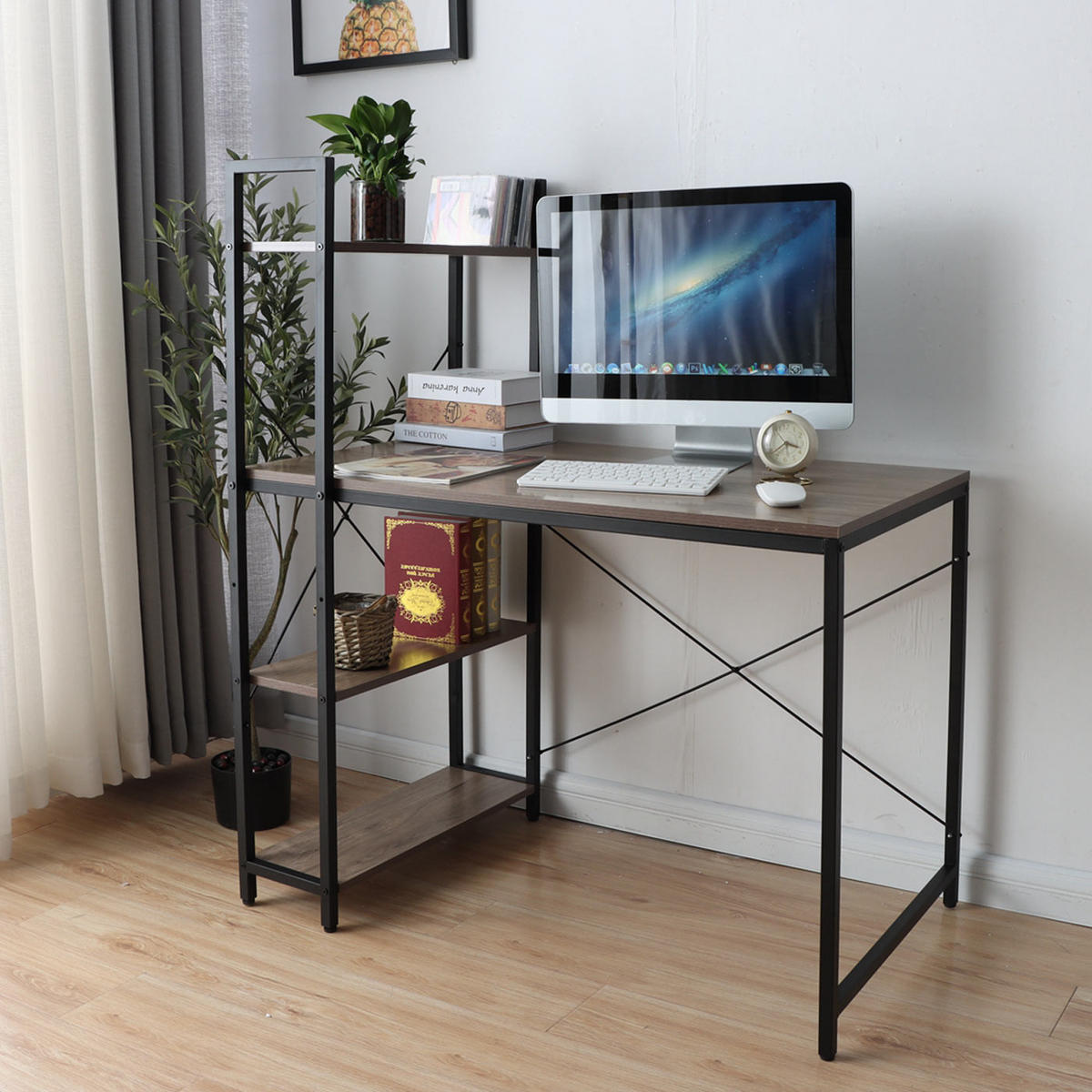 SCHREIBTISCH MIT REGAL eckig Grau, Braun - Braun/Grau, Holzwerkstoff (60/100/120cm) - MCW