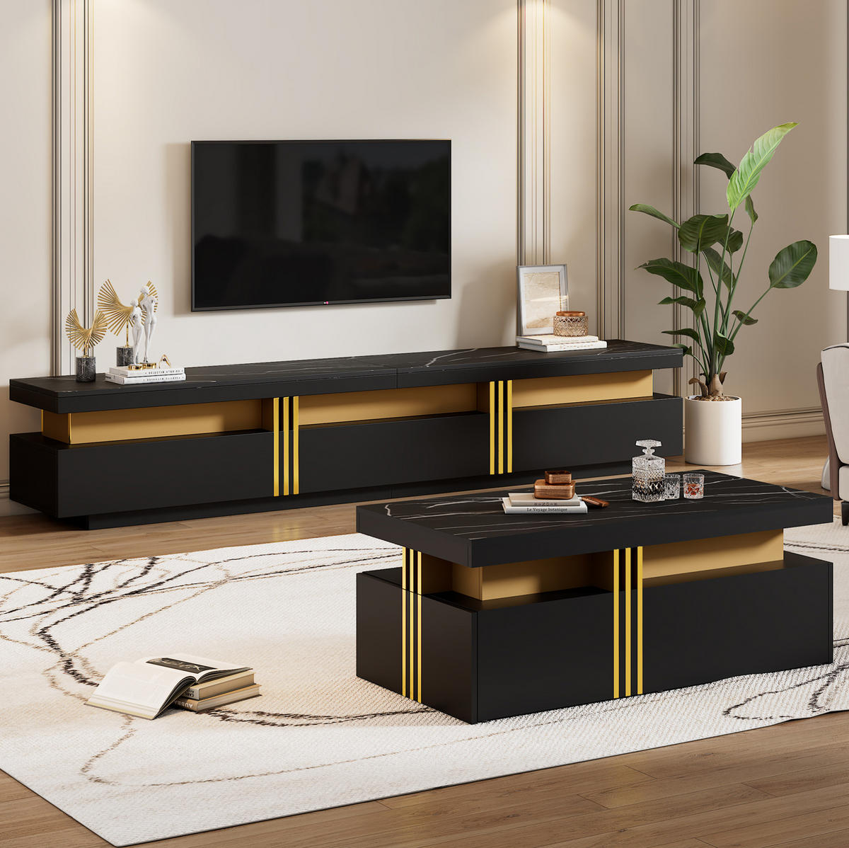 TV-MÖBEL-SET mit TV-Schrank 200/40/42 cm und Couchtisch 100/50/40 cm, Schubladen und Marmor-Optik, Schwarz - Schwarz, Holzwerkstoff (100/40/50cm) - Redom