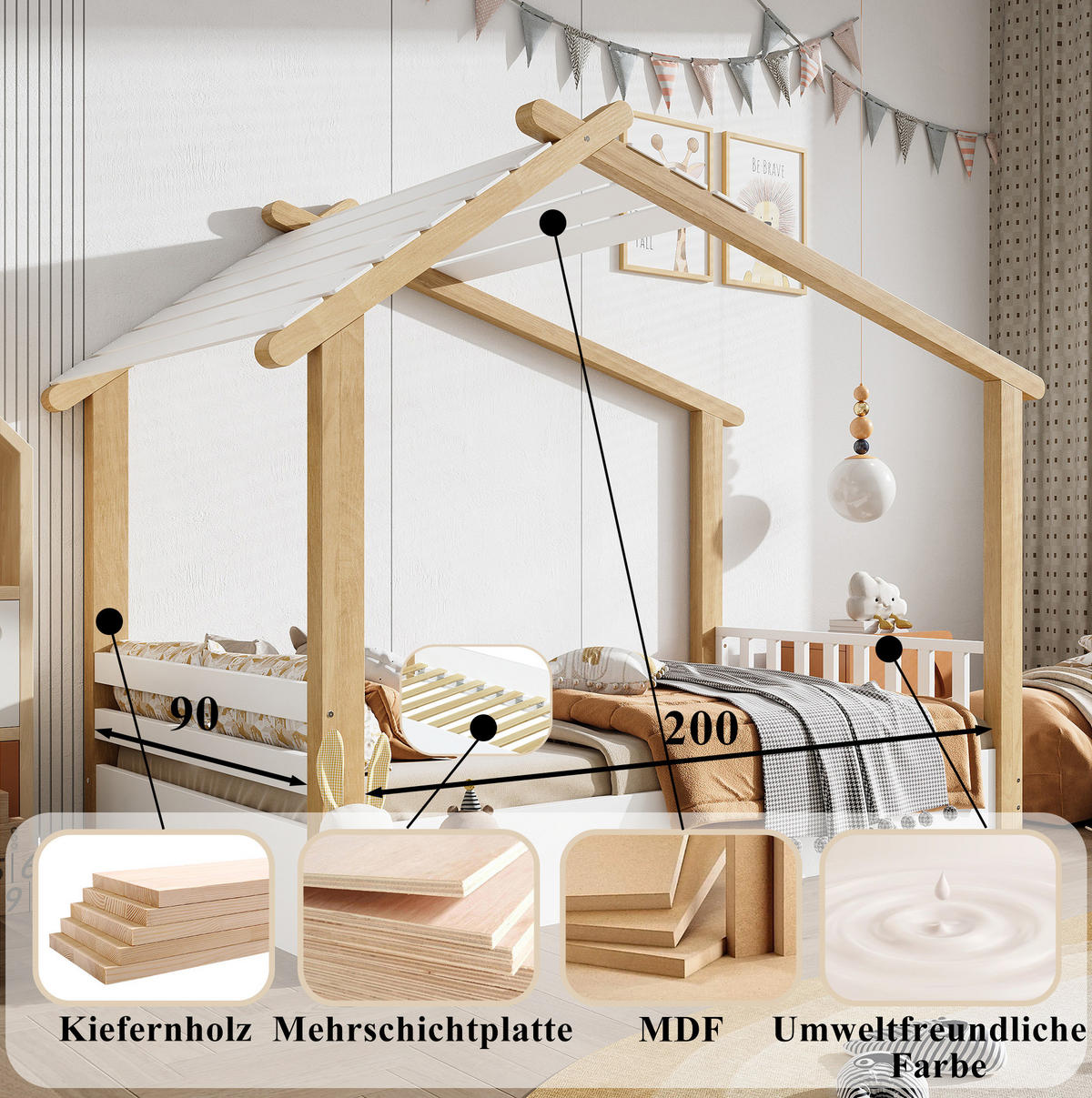HAUSBETT 90/200 cm Weiß/Natur aus Kiefer, Spanplatte und MDF mit Holzhausdesign - Weiß, Holz (90/200cm) - OKMYHOME