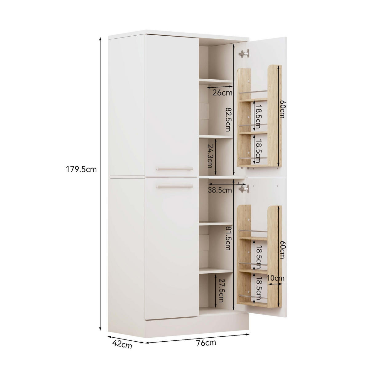 KUHINJSKI smočnički ormar, 76/42/180 cm, MDF bijeli visoki sjaj, 4-vratni - bijela, drvni materijal (42/180/76cm) - BEAOK