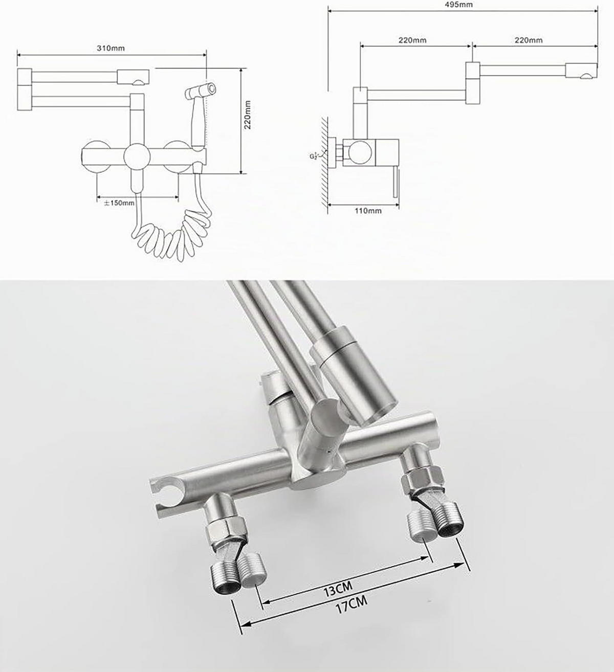 KÜCHENARMATUR wandmontiert mit Handbrause, 2 Auslaufmodi, 304 Edelstahl, gebürstetes Nickel - Silberfarben, Metall (22/11/31cm) - TVTIUO